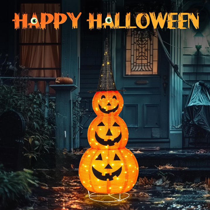 VINGLI 5FT Cute Collapsible Lighted Halloween Decorations Outdoor, Pop Up Halloween Pumpkin Decorations, Light Up Pumpkin with Pre-lit 100 LEDs, for Porch Yard Lawn Patio
