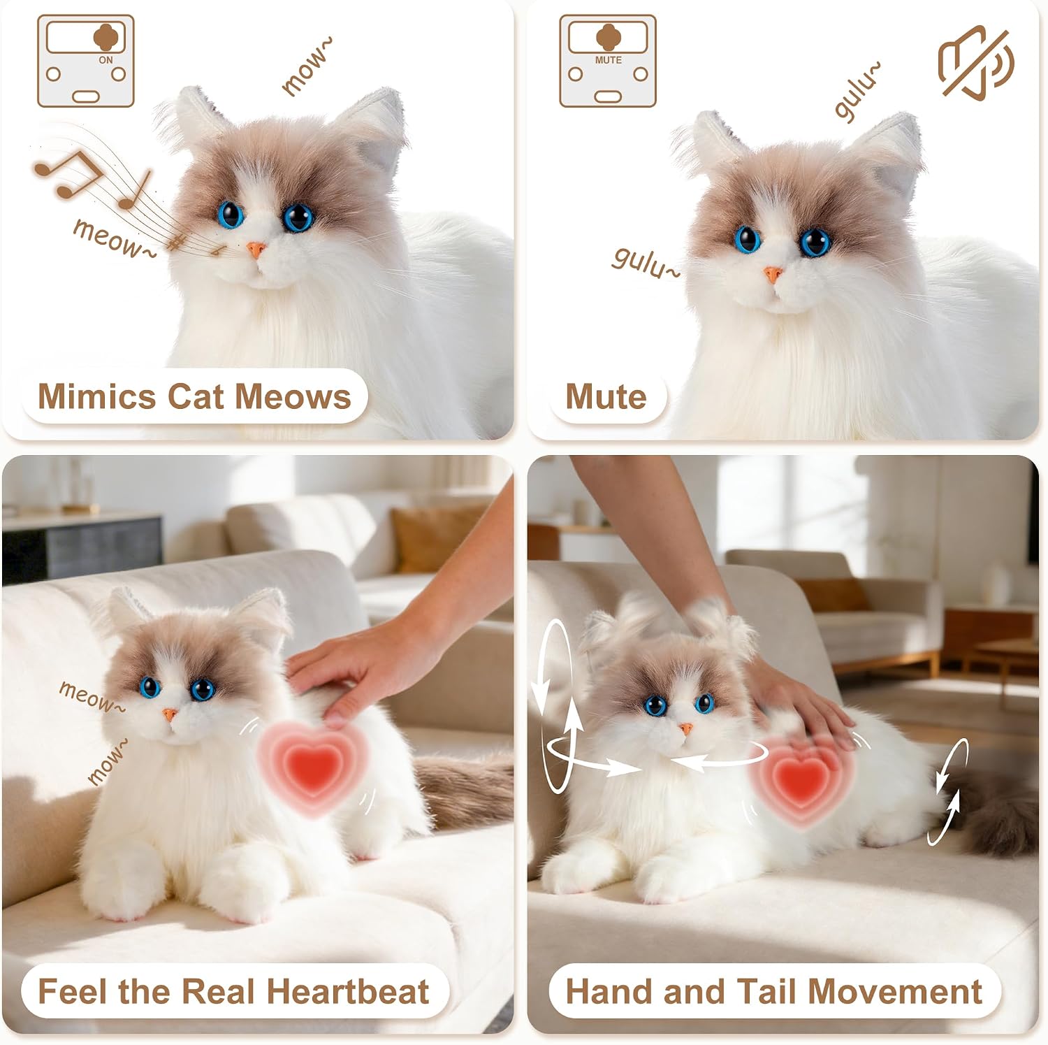 Chongker 24.8" Interactive Robot Cat Plush Stuffed Animal for The Elderly | Electronic Pet With Touch Control. Offers Meows, Purring, Heartbeat, Head And Tail Movement, Creating Dynamic Engagement.