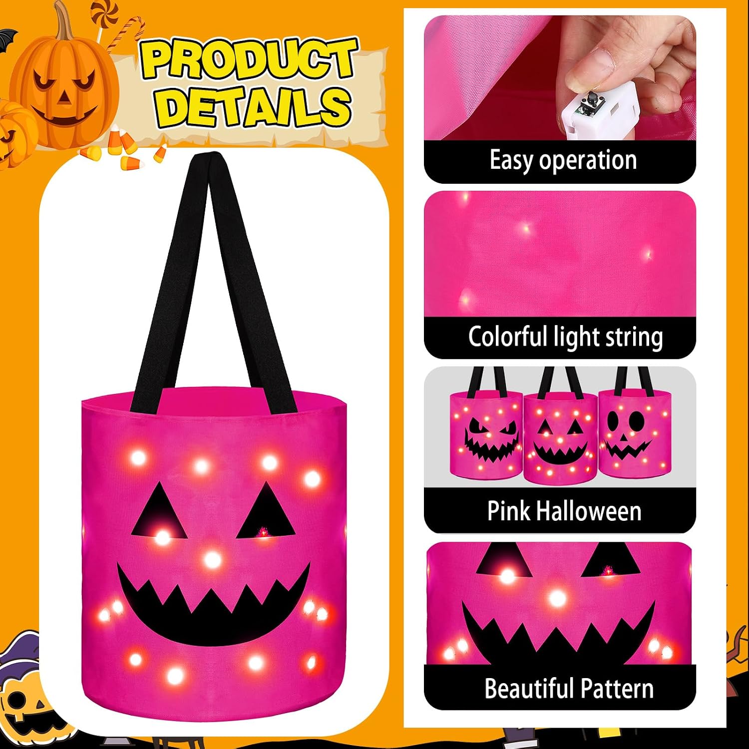 Sadnyy 3 Pcs Halloween Trick or Treat Bag Light Up,Pink, Blue, Orange