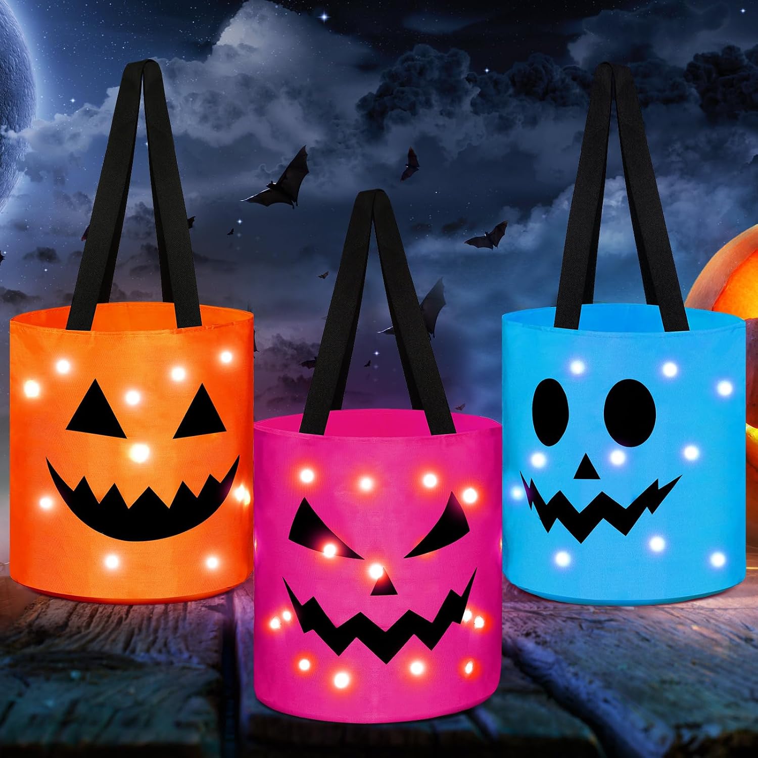 Sadnyy 3 Pcs Halloween Trick or Treat Bag Light Up,Pink, Blue, Orange