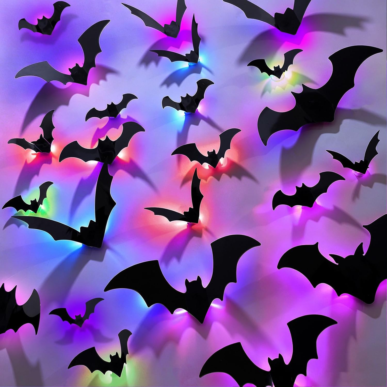 CCINEE 40Pcs Light up 3D Bats Halloween Wall Decorations, Led Glowing Black Bat Stickers with Colorful Lights for Home Indoor Outdoor Wall Window Door Halloween Party Scene Decals Decorations