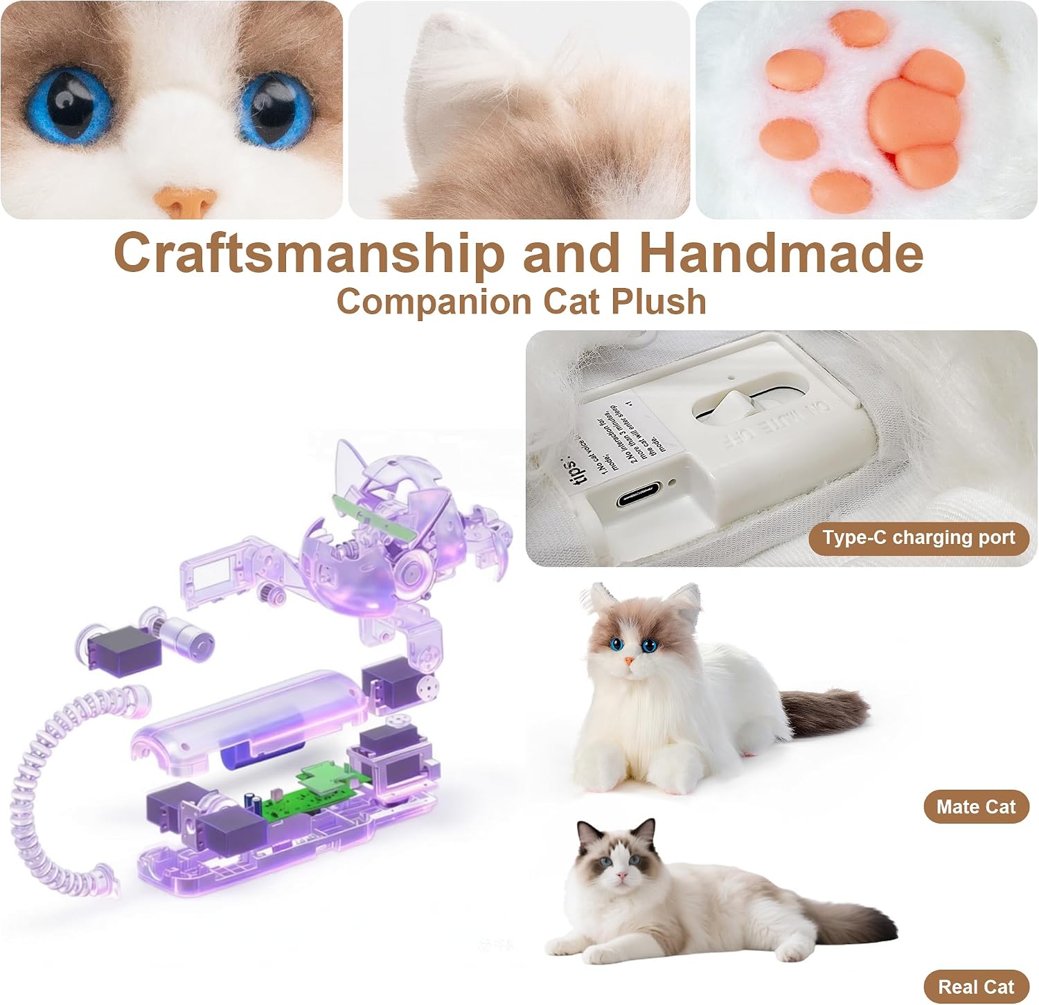 Chongker 24.8" Interactive Robot Cat Plush Stuffed Animal for The Elderly | Electronic Pet With Touch Control. Offers Meows, Purring, Heartbeat, Head And Tail Movement, Creating Dynamic Engagement.