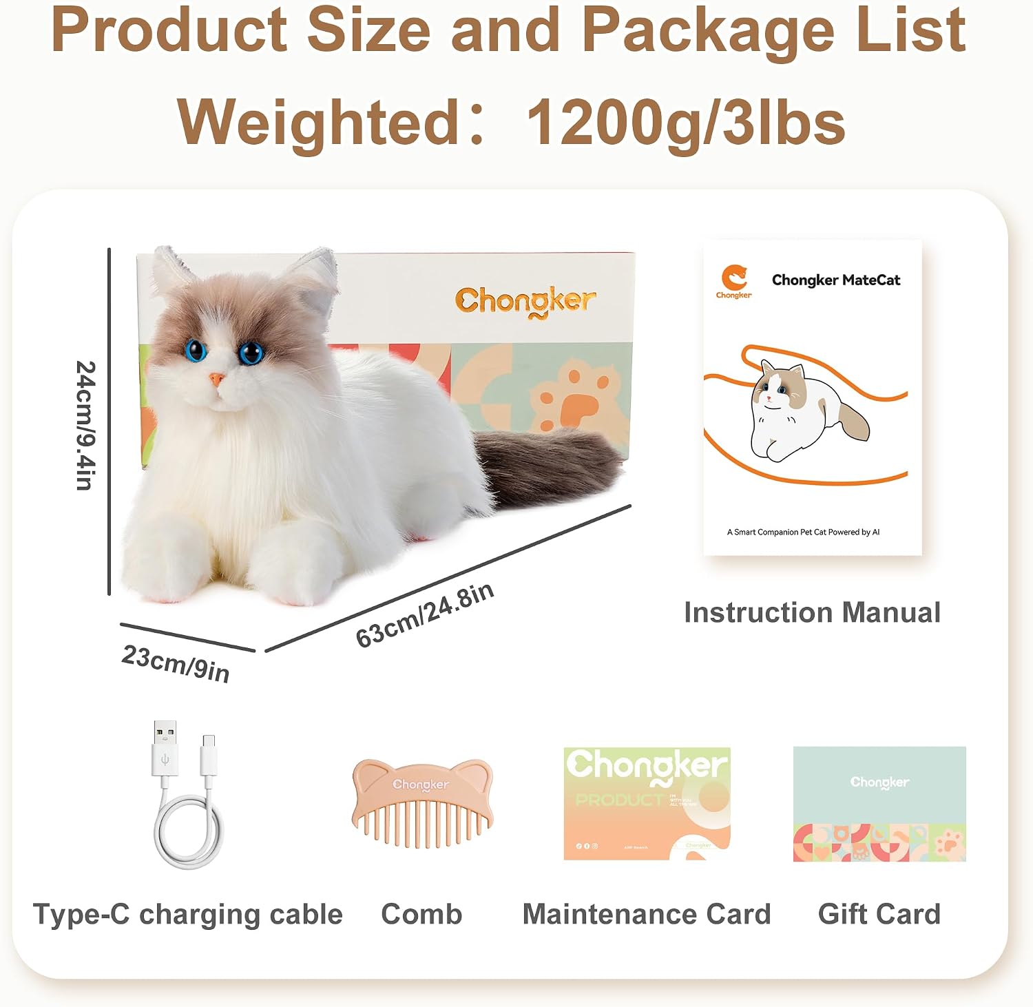 Chongker 24.8" Interactive Robot Cat Plush Stuffed Animal for The Elderly | Electronic Pet With Touch Control. Offers Meows, Purring, Heartbeat, Head And Tail Movement, Creating Dynamic Engagement.