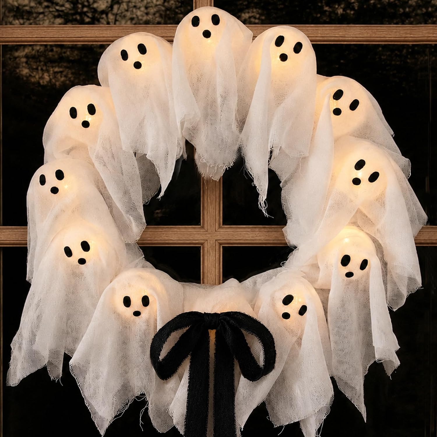 Halloween Decorations Outdoor - 22" Cute Lit Ghost Wreath | Spooky Ghost Decoration, 8 Light Modes, Timer and Remote, Halloween Decor Indoor, For front Door Porch Window Wall