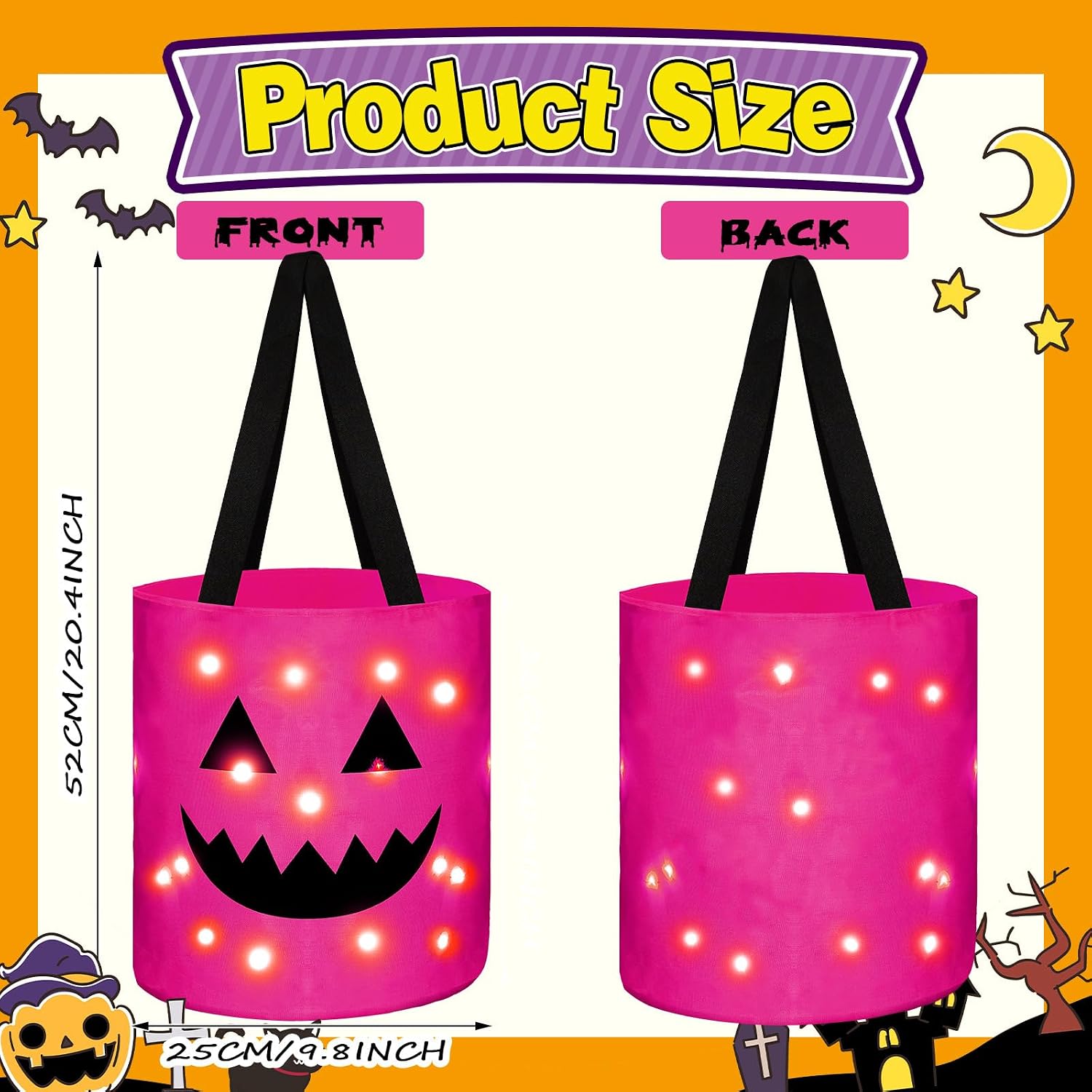 Sadnyy 3 Pcs Halloween Trick or Treat Bag Light Up,Pink, Blue, Orange