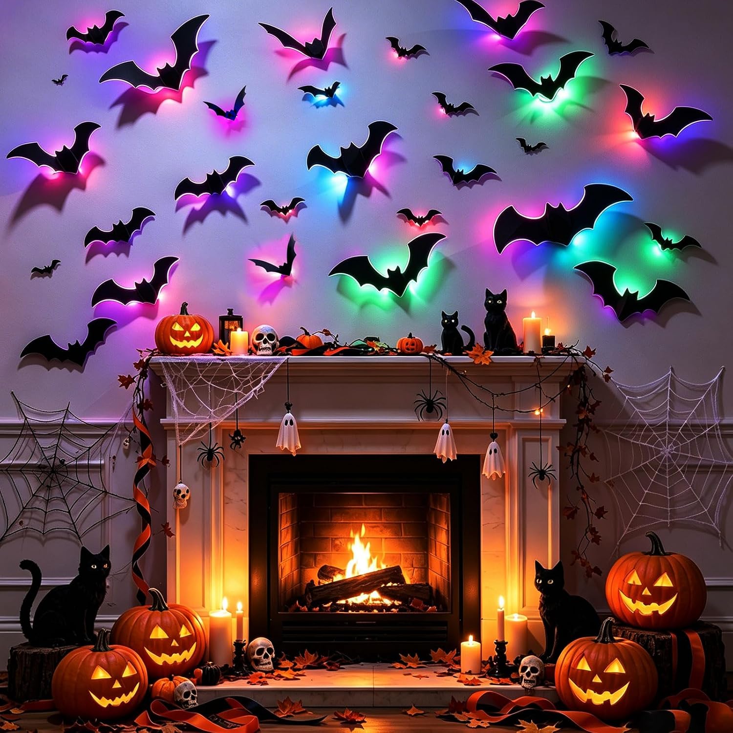 CCINEE 40Pcs Light up 3D Bats Halloween Wall Decorations, Led Glowing Black Bat Stickers with Colorful Lights for Home Indoor Outdoor Wall Window Door Halloween Party Scene Decals Decorations