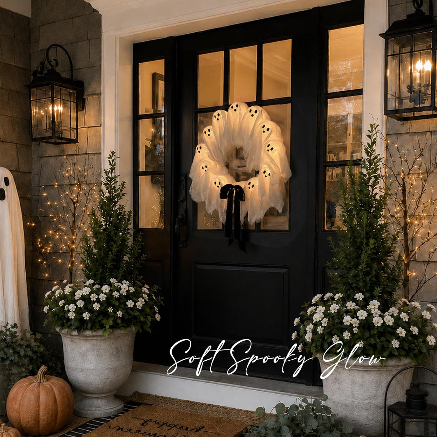 Halloween Decorations Outdoor - 22" Cute Lit Ghost Wreath | Spooky Ghost Decoration, 8 Light Modes, Timer and Remote, Halloween Decor Indoor, For front Door Porch Window Wall