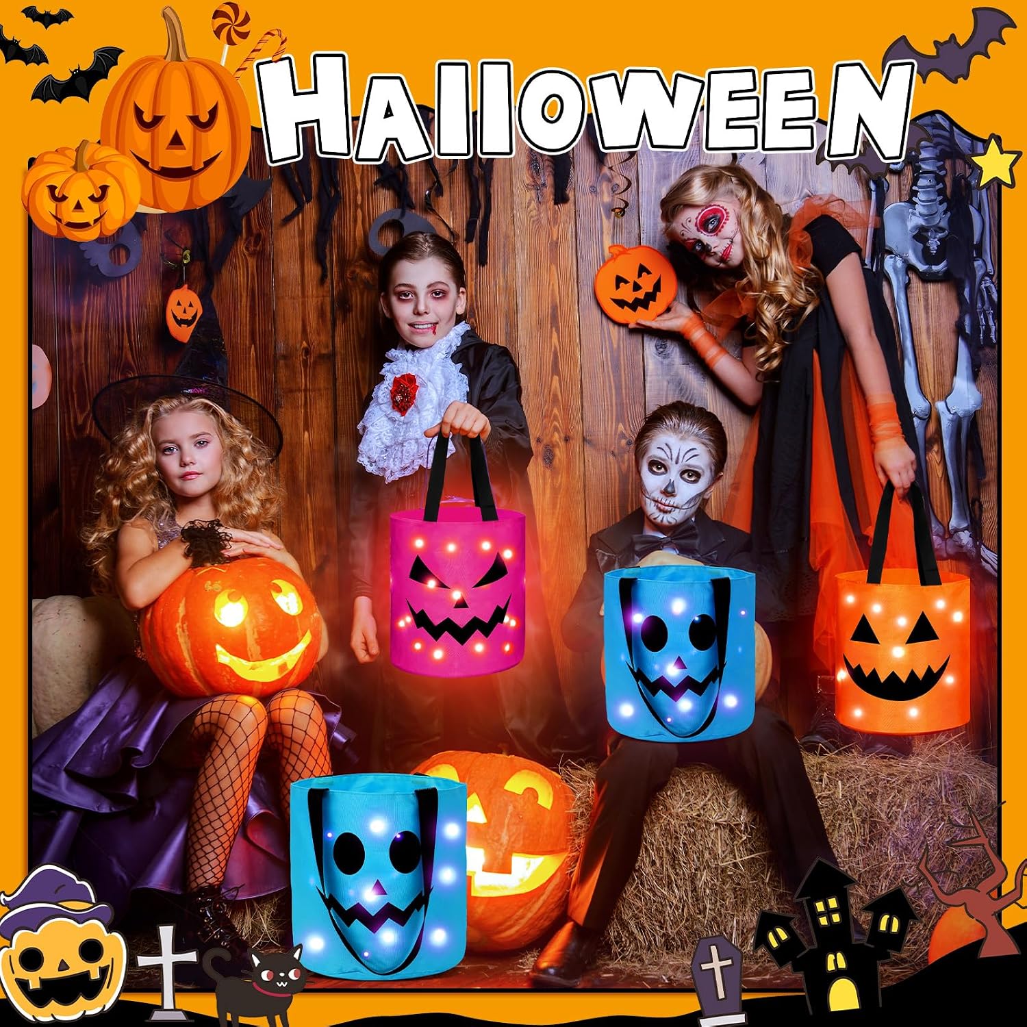 Sadnyy 3 Pcs Halloween Trick or Treat Bag Light Up,Pink, Blue, Orange