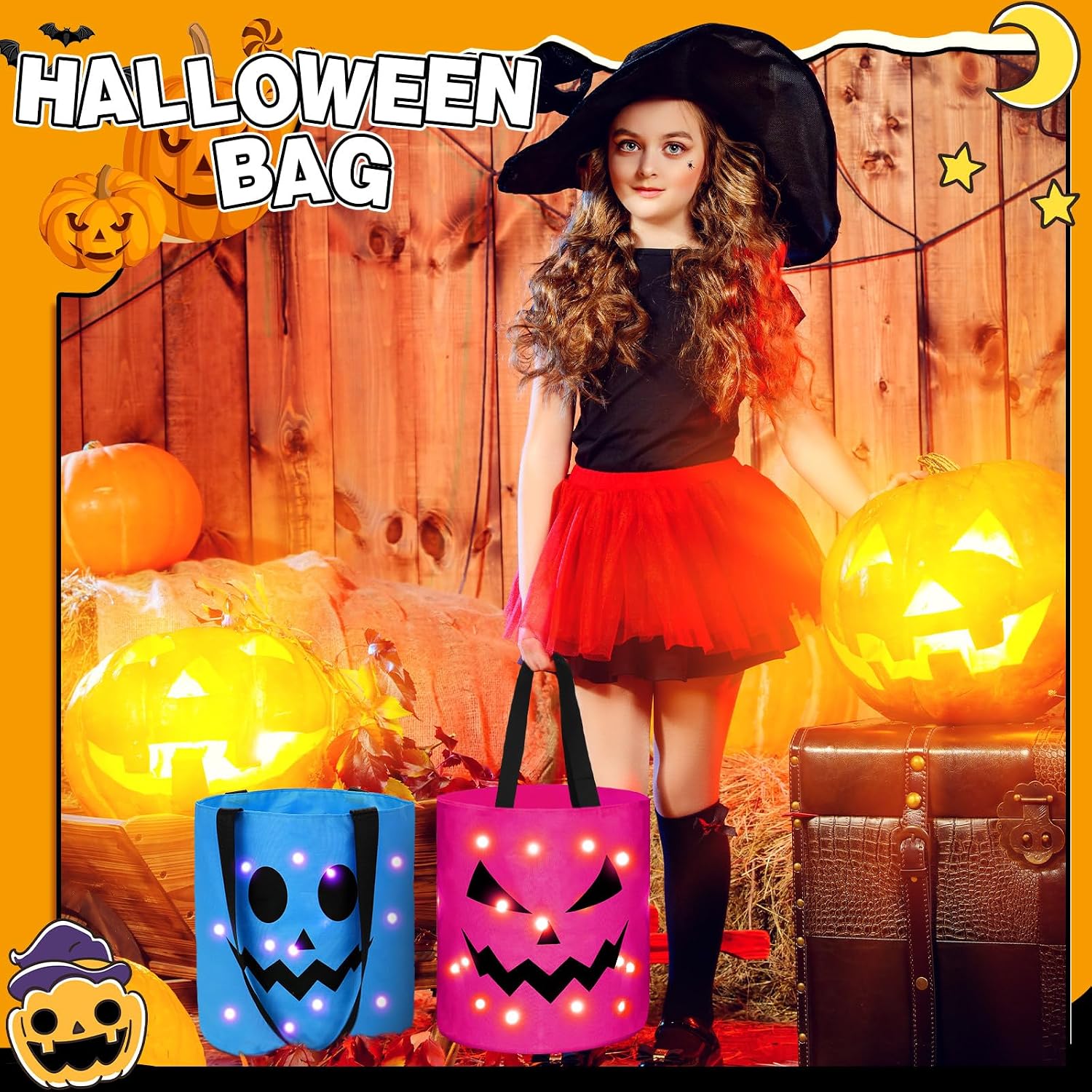 Sadnyy 3 Pcs Halloween Trick or Treat Bag Light Up,Pink, Blue, Orange