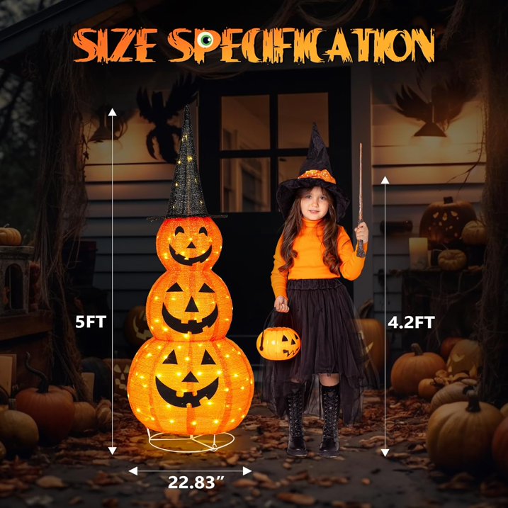 VINGLI 5FT Cute Collapsible Lighted Halloween Decorations Outdoor, Pop Up Halloween Pumpkin Decorations, Light Up Pumpkin with Pre-lit 100 LEDs, for Porch Yard Lawn Patio