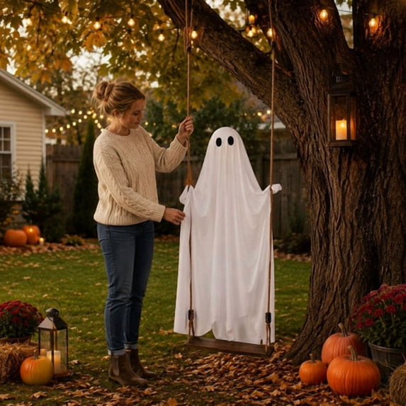 Halloween Hanging Ghost Decorations Outdoor, Light Up Flying Ghost with Remote Control and Timer, Spooky Yard Porch Garden Tree Decor for Halloween Party