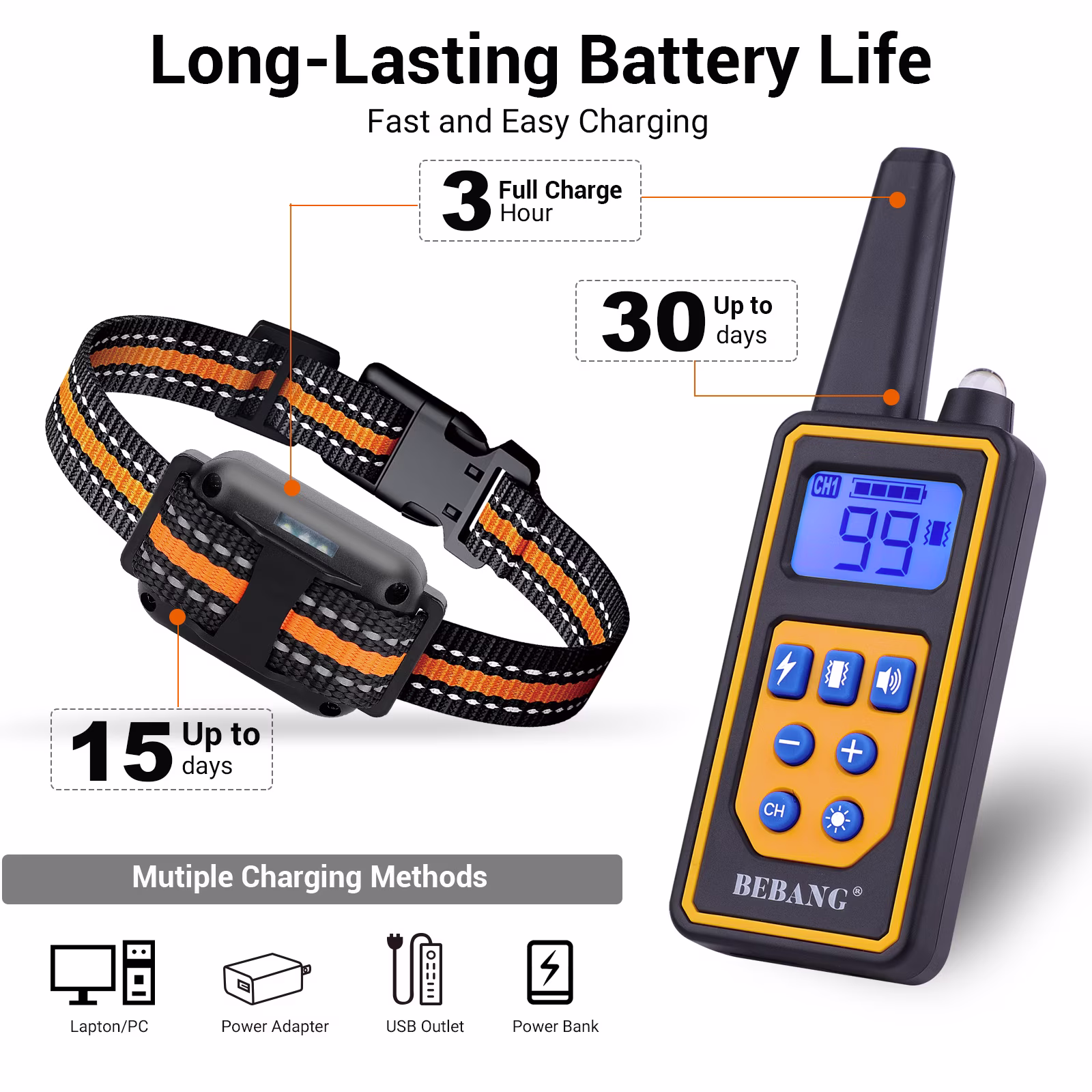 BEBANG 2600FT Dog Training Collars for 2 Dogs, Dog Shock Collar with Remote, 3 Modes Beep Vibration Shock, Waterproof, LED Light for Training Small Medium Large Dogs