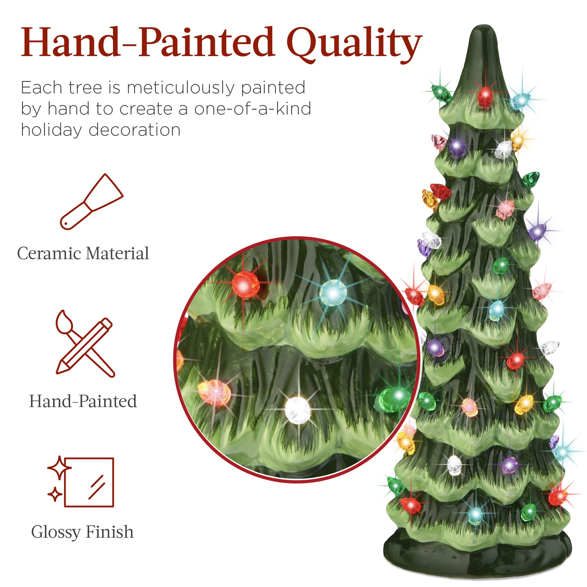 Best Choice Products Set of 3 Pre-Lit Hand-Painted Ceramic Tabletop Christmas Trees w/ Multicolor Lights - Green