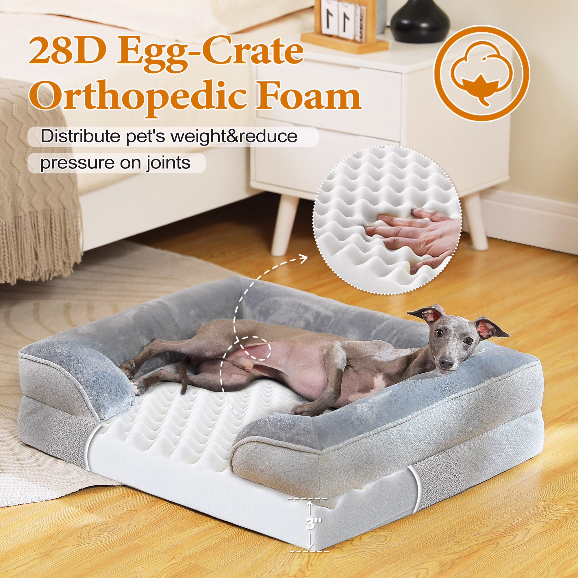 PAWZ Road Orthopedic Dog Bed Removable Washable Cover Non-Slip Bottom Dog Sofa Bed, S-XL, Gray