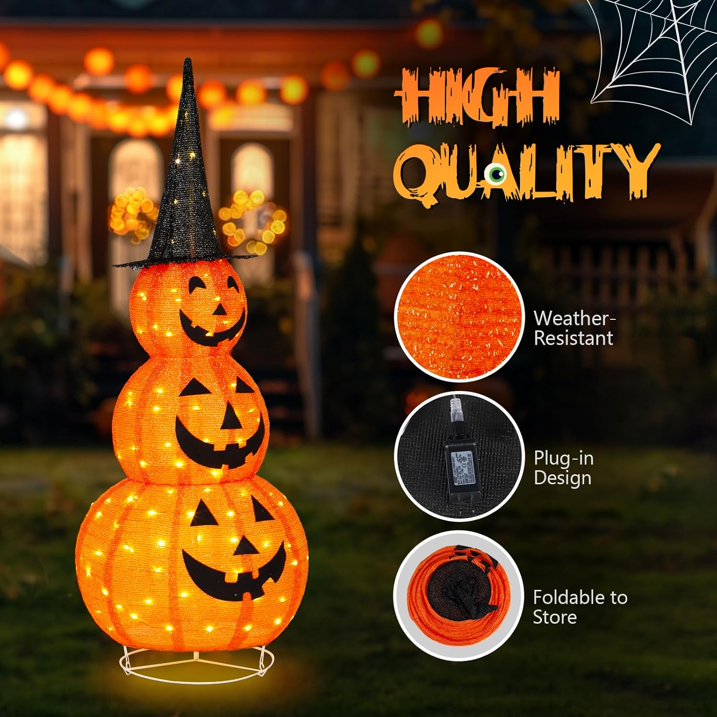 VINGLI 5FT Cute Collapsible Lighted Halloween Decorations Outdoor, Pop Up Halloween Pumpkin Decorations, Light Up Pumpkin with Pre-lit 100 LEDs, for Porch Yard Lawn Patio