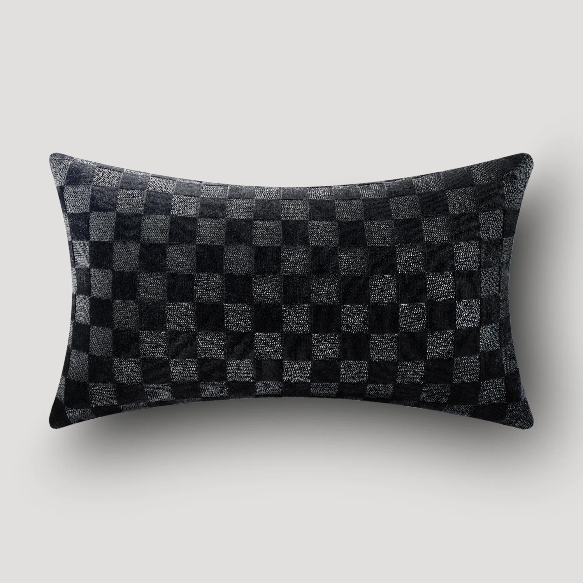 Checker Velvet Lumbar 12" X 22" - Black