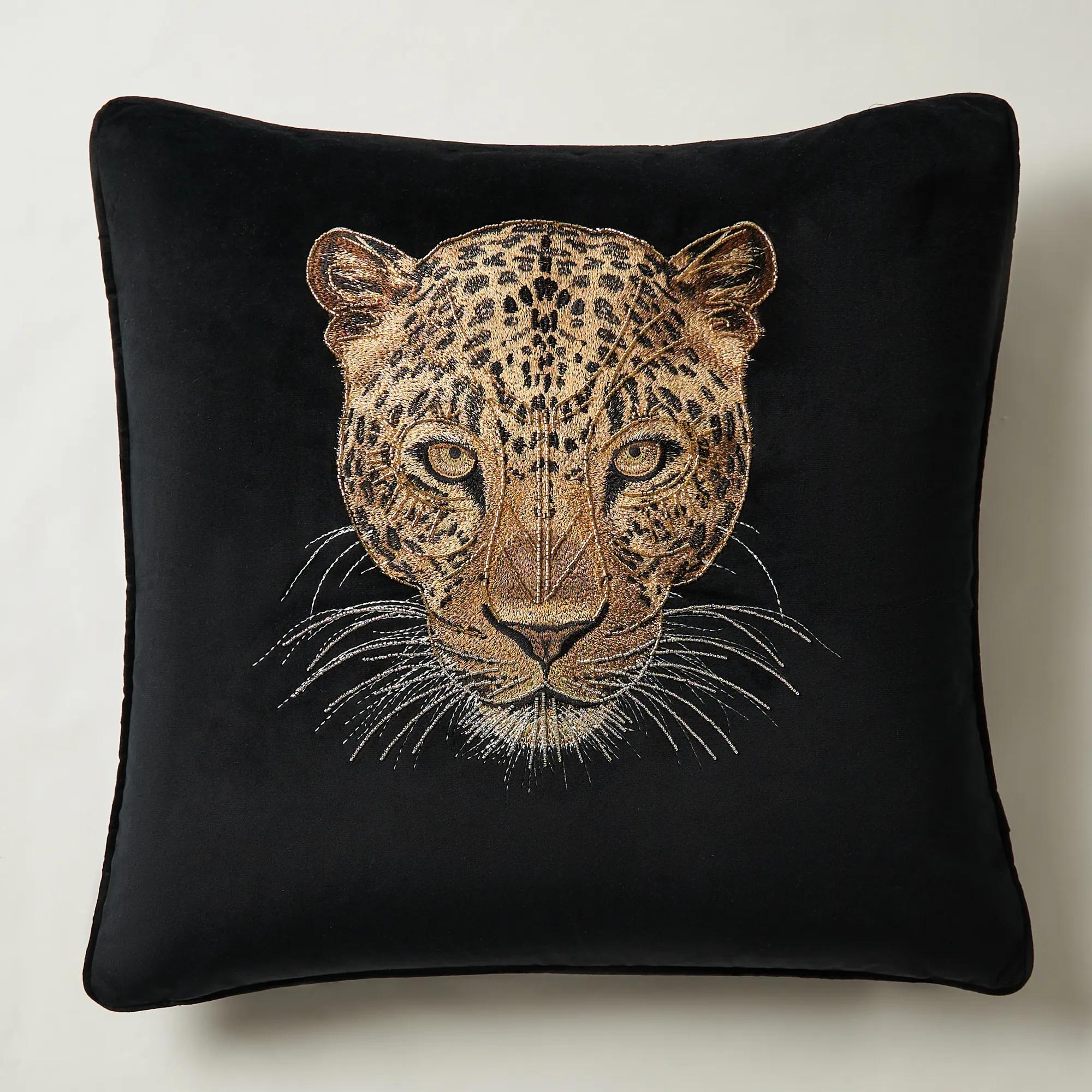 Namir Leopard Beaded Embroidered Black/Gold Velvet Pillow 22" x 22"