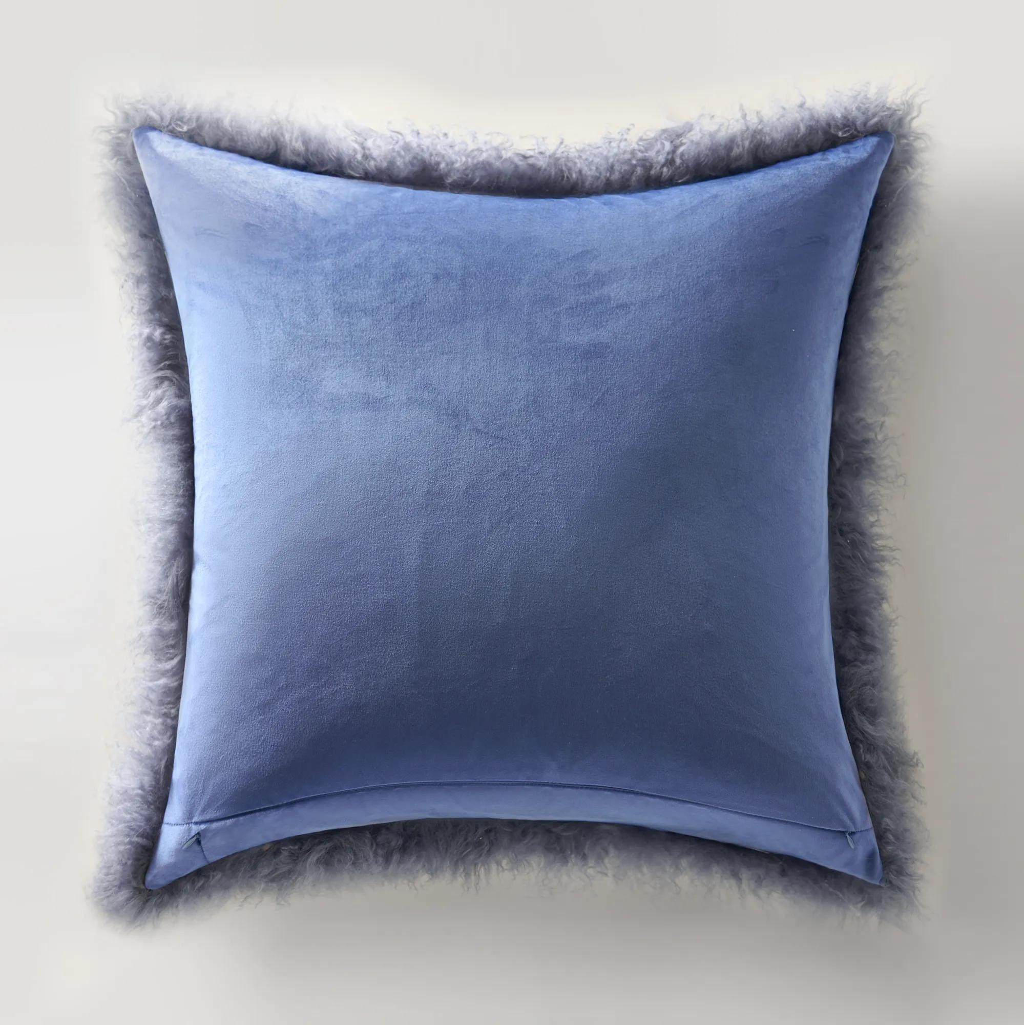 Mia Dusty Blue Mongolian Lamb Fur Pillow 22" x 22"