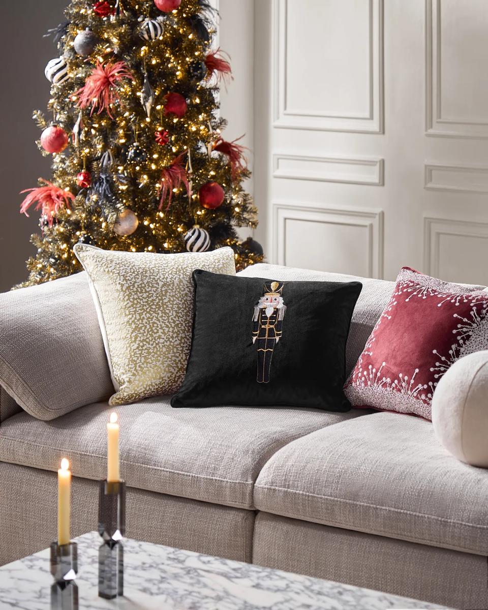 Nutcracker Embroidered Black Velvet Holiday Pillow 20" x 20"