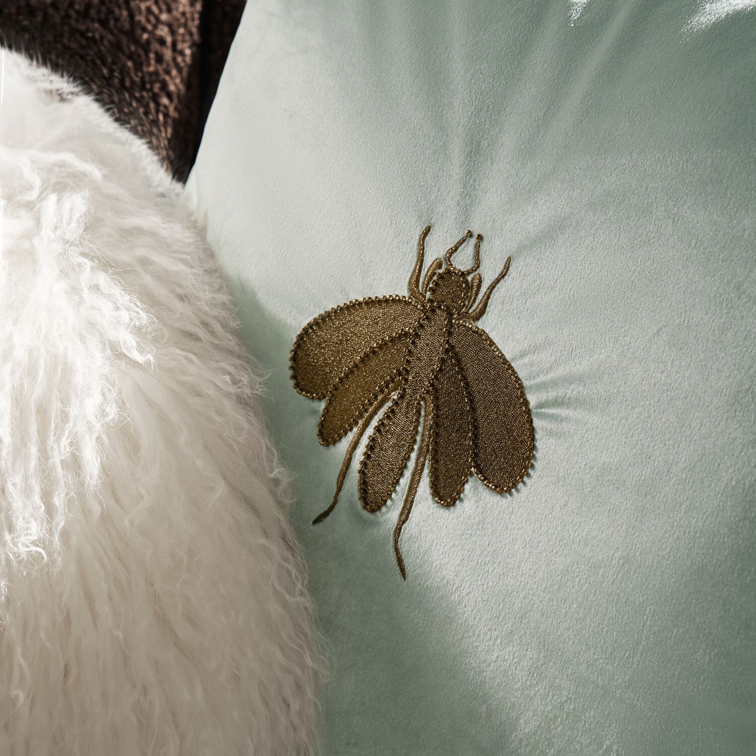 Bee Embroidered Velvet Pillow 20" - Sea Glass/Bronze