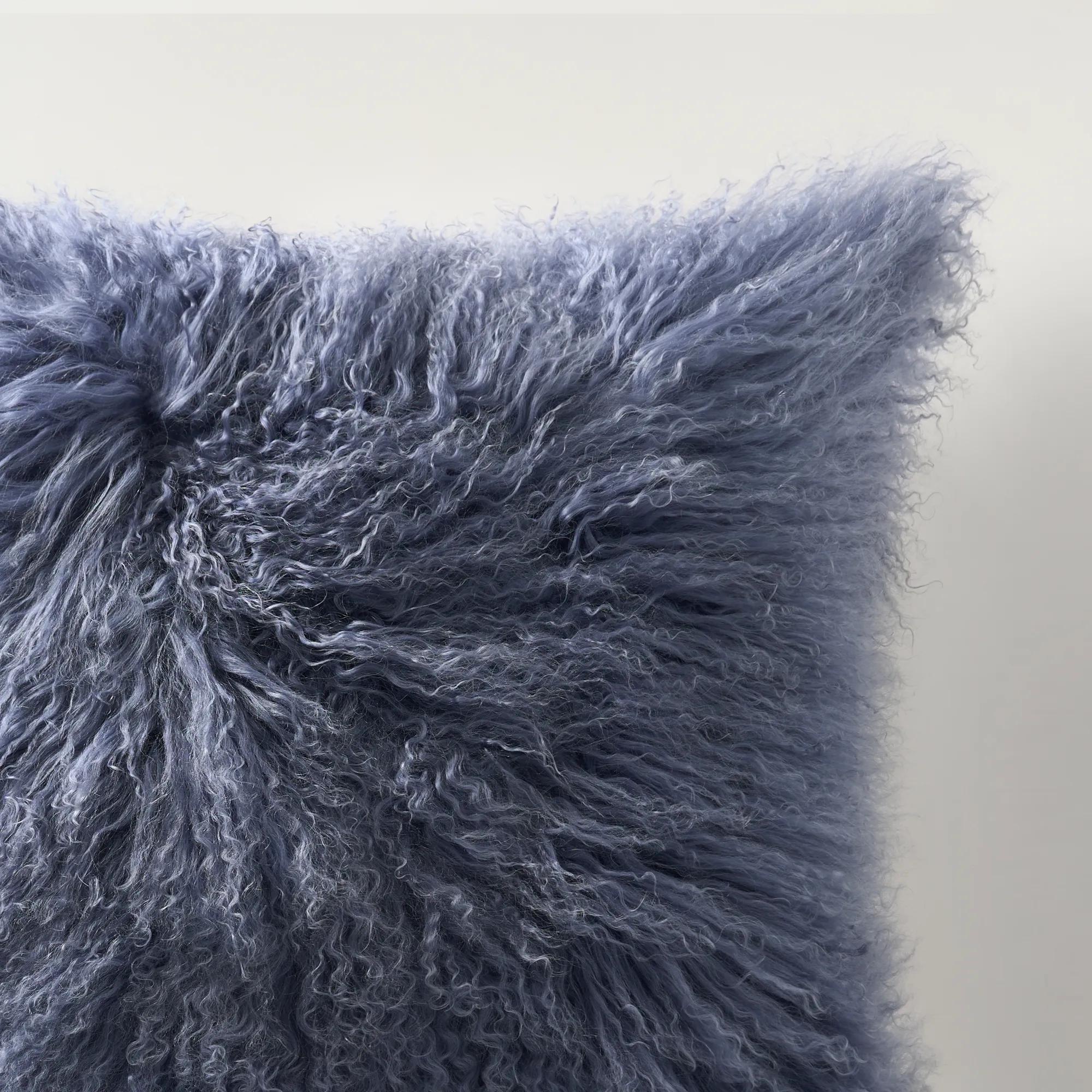 Mia Dusty Blue Mongolian Lamb Fur Pillow 22" x 22"