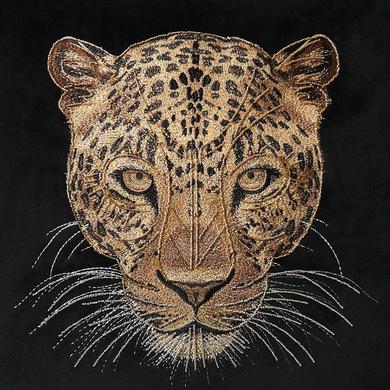Namir Leopard Beaded Embroidered Black/Gold Velvet Pillow 22" x 22"