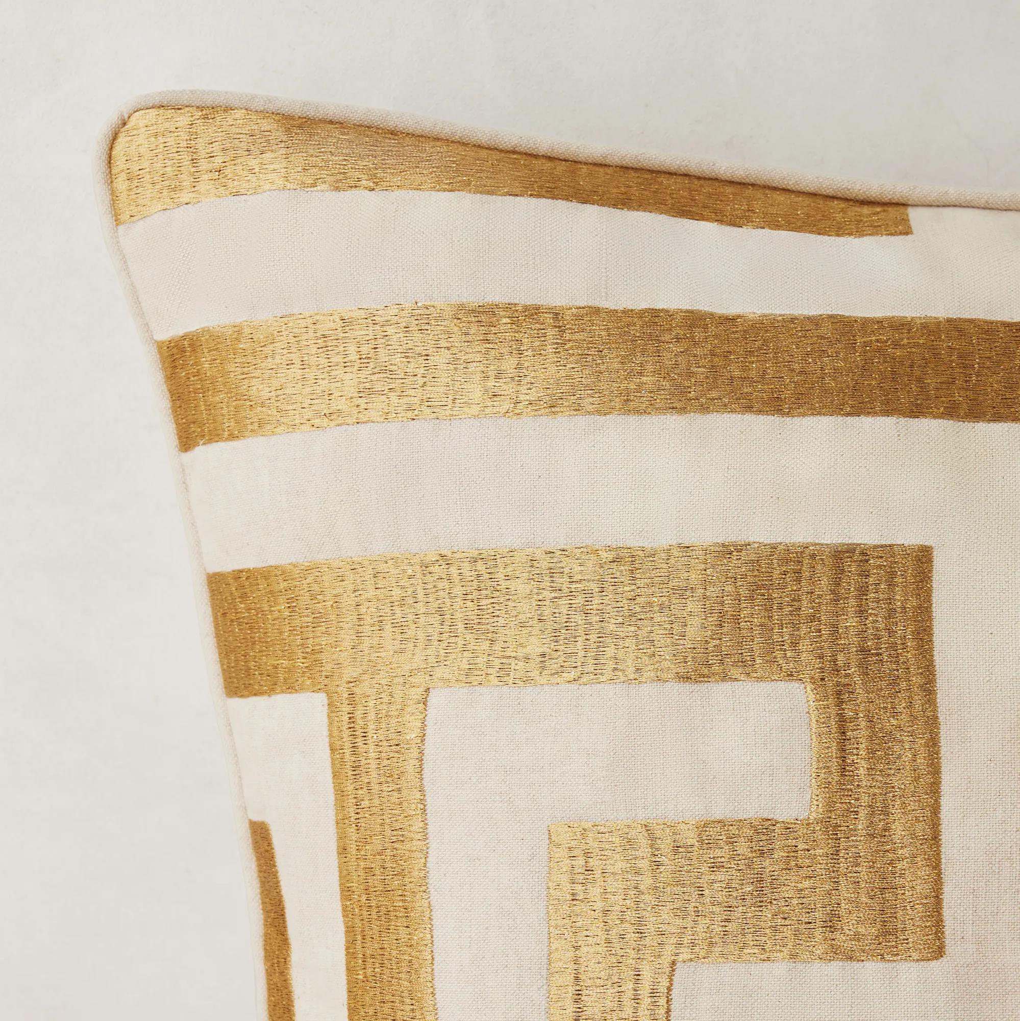 Cace Embroidered Gold/White Linen Lumbar Pillow 14" x 26"