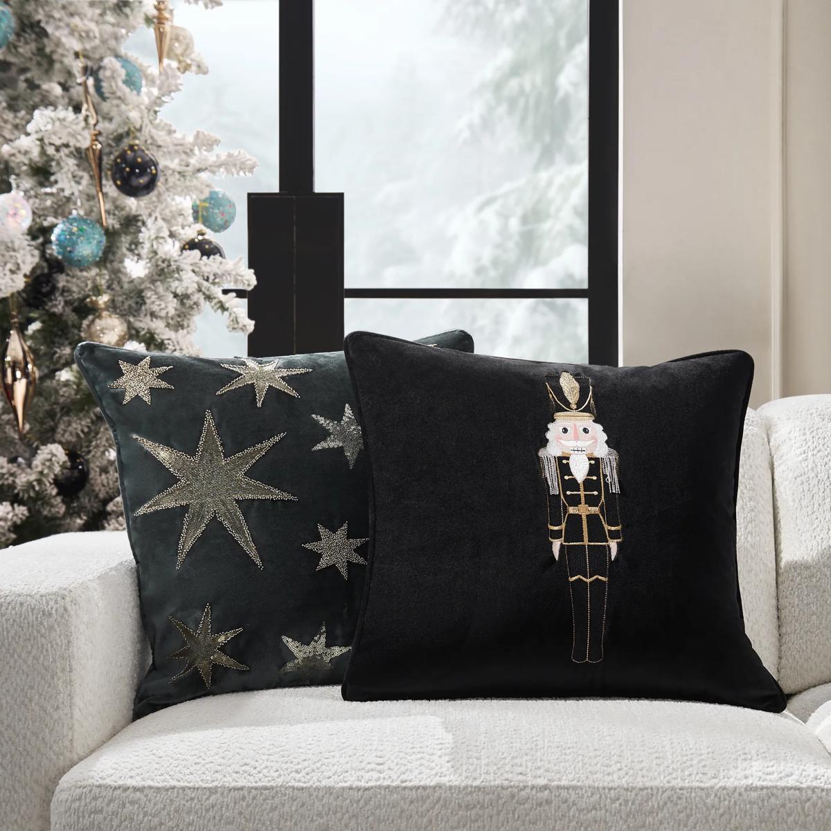 Nutcracker Embroidered Black Velvet Holiday Pillow 20" x 20"