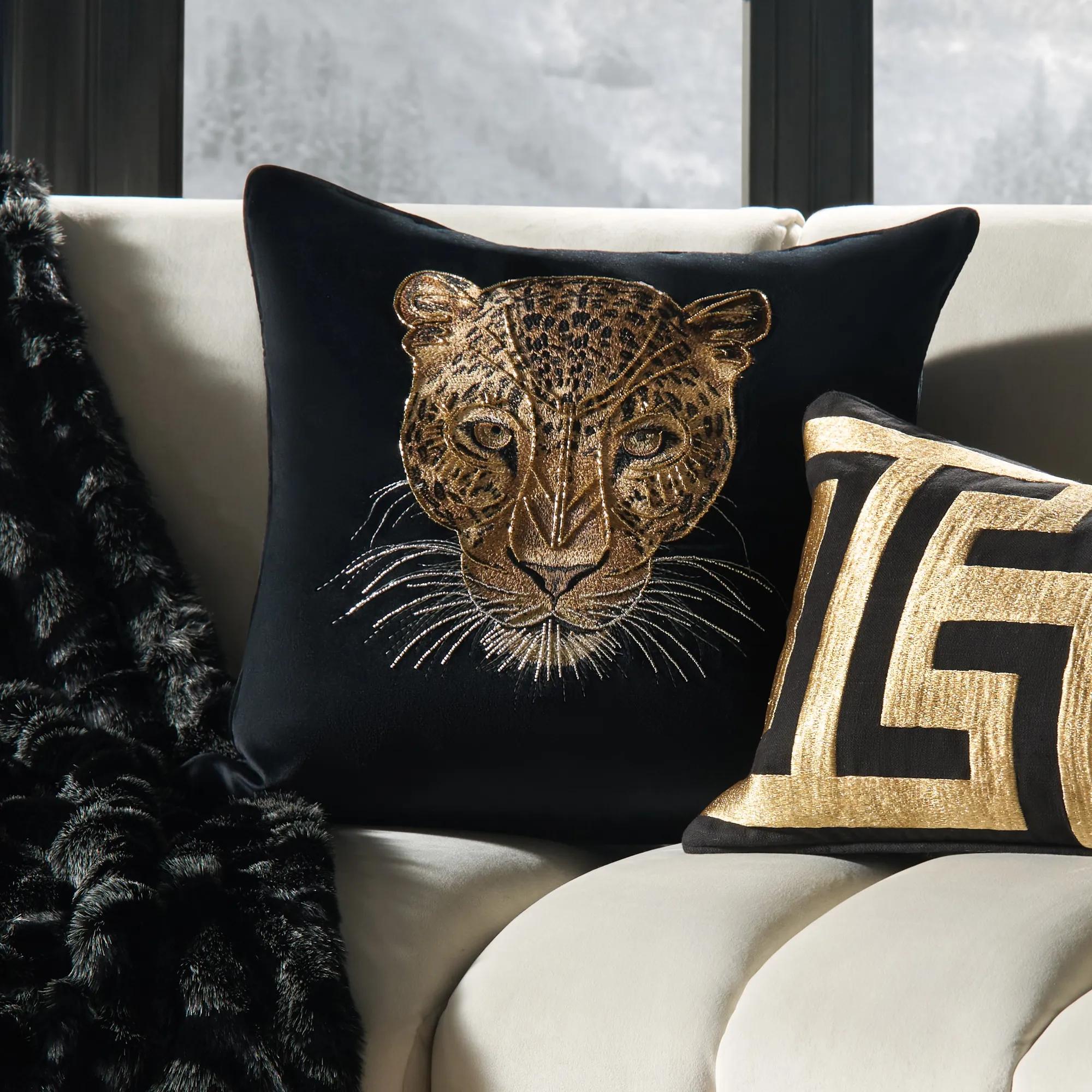 Namir Leopard Beaded Embroidered Black/Gold Velvet Pillow 22" x 22"