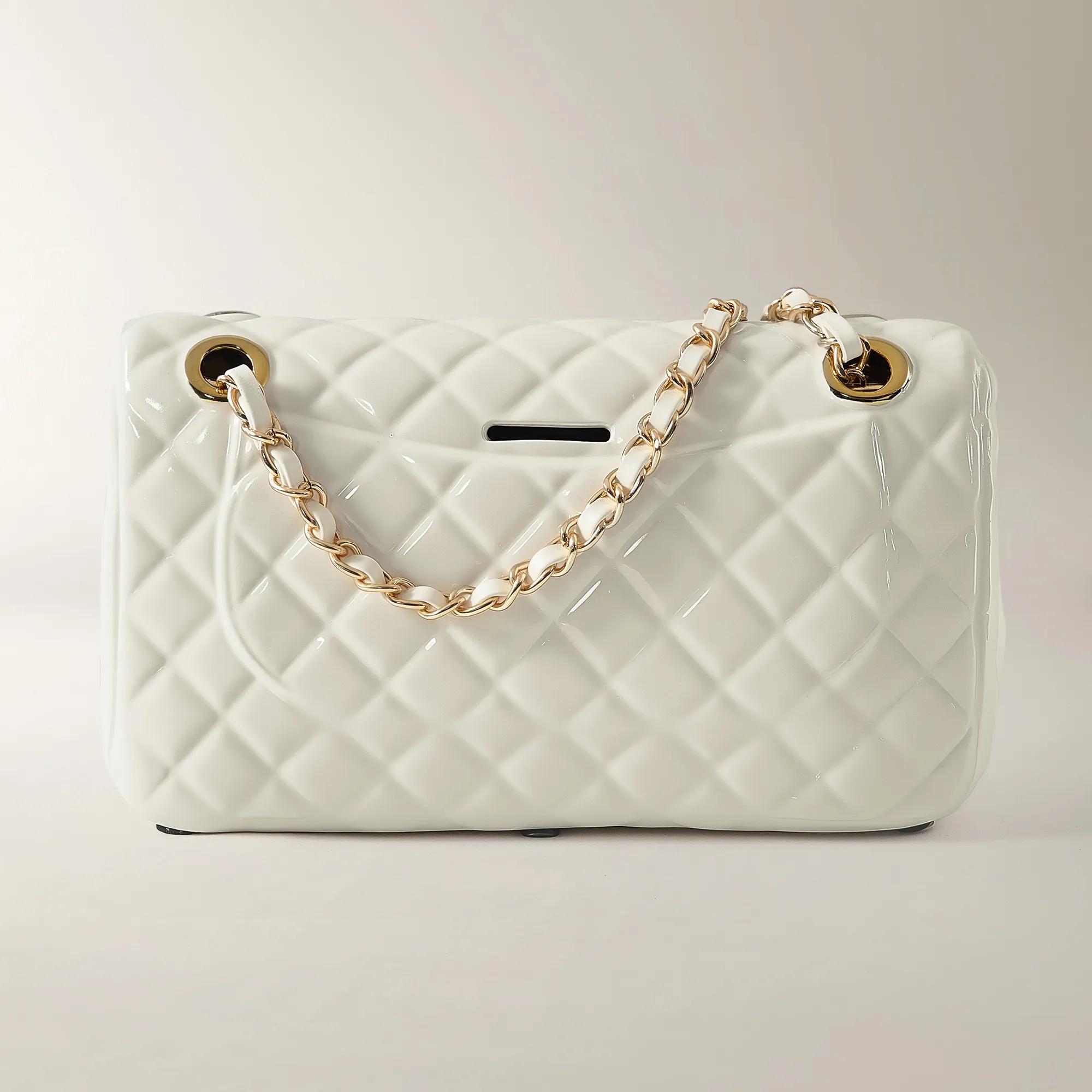 Handbag Flap White Ceramic High Gloss Coin Bank 10" x 5.75"