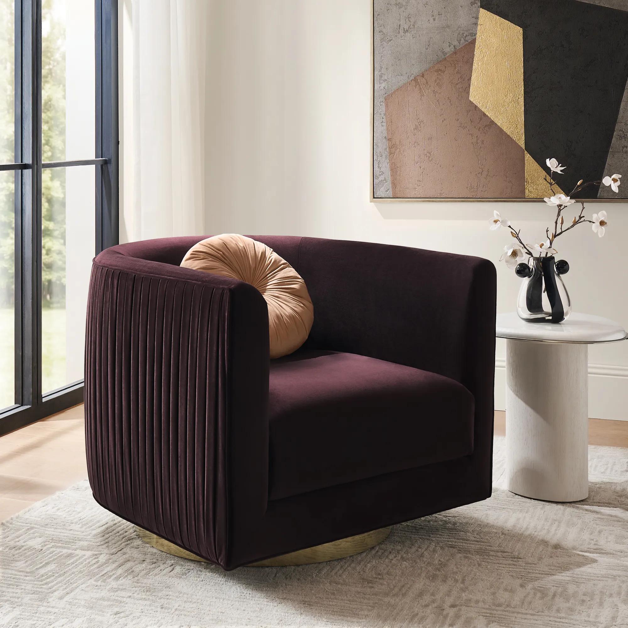 Lyssa Pleated Fig Velvet Swivel Accent Chair