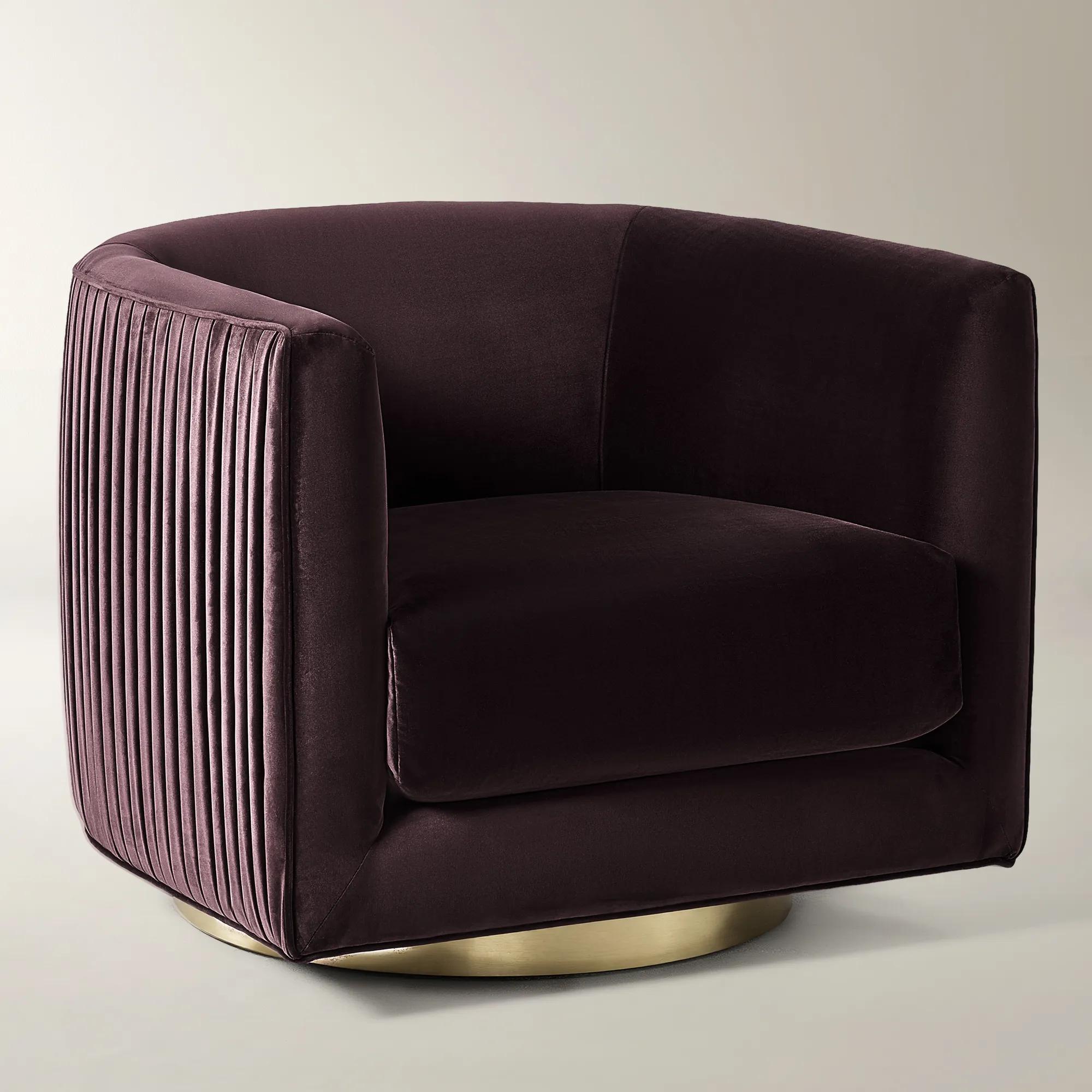 Lyssa Pleated Fig Velvet Swivel Accent Chair