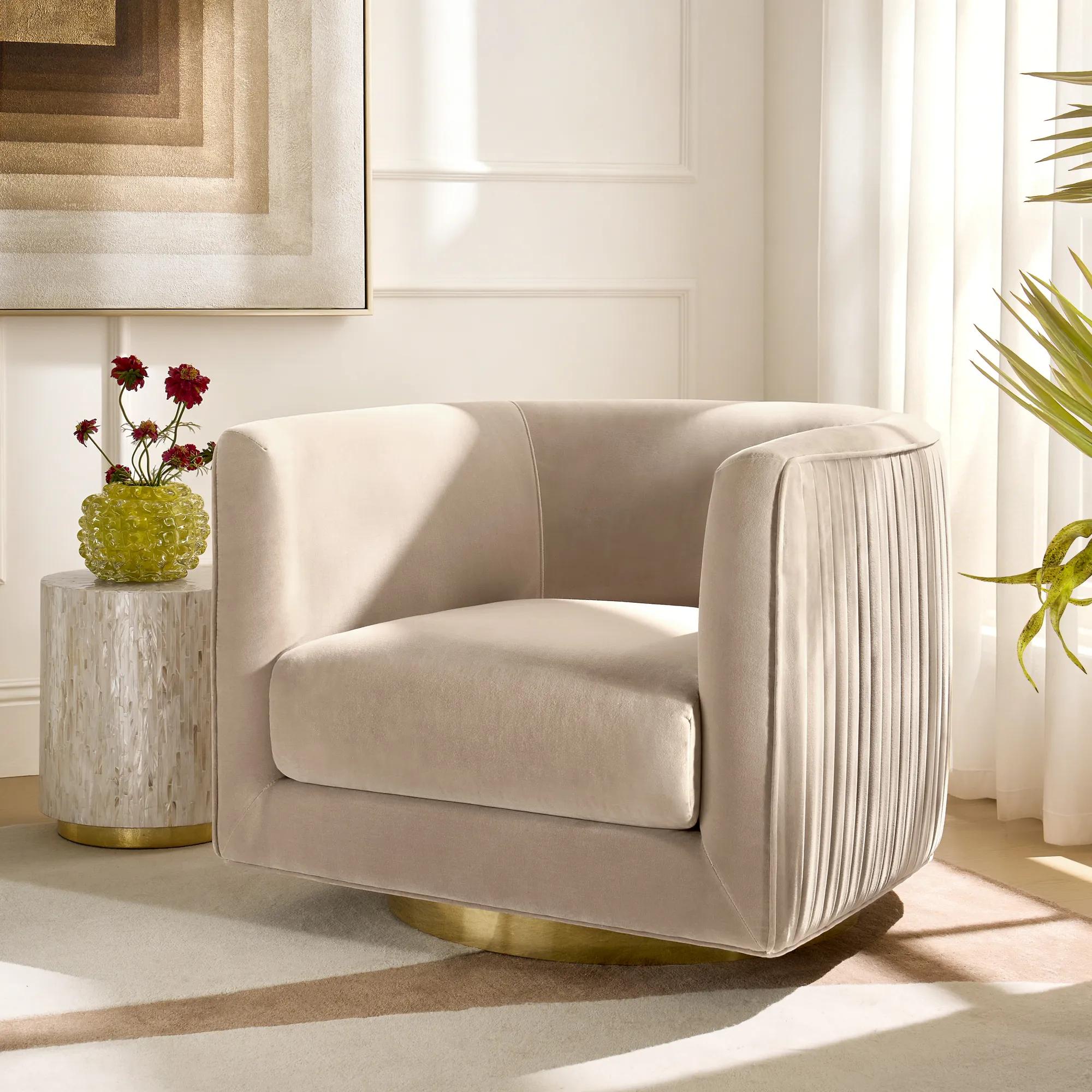 Lyssa Pleated Simply Taupe Velvet Swivel Accent Chair