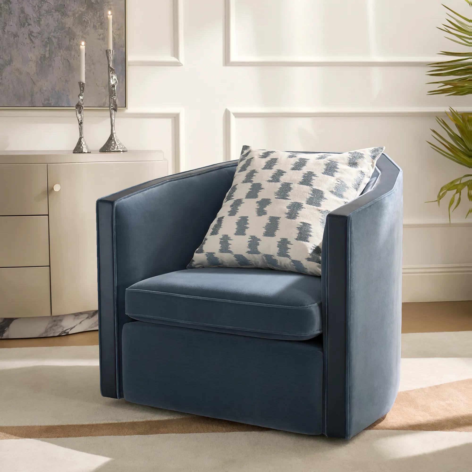 Vesper Dusty Blue Velvet With Leather Swivel Accent Chair