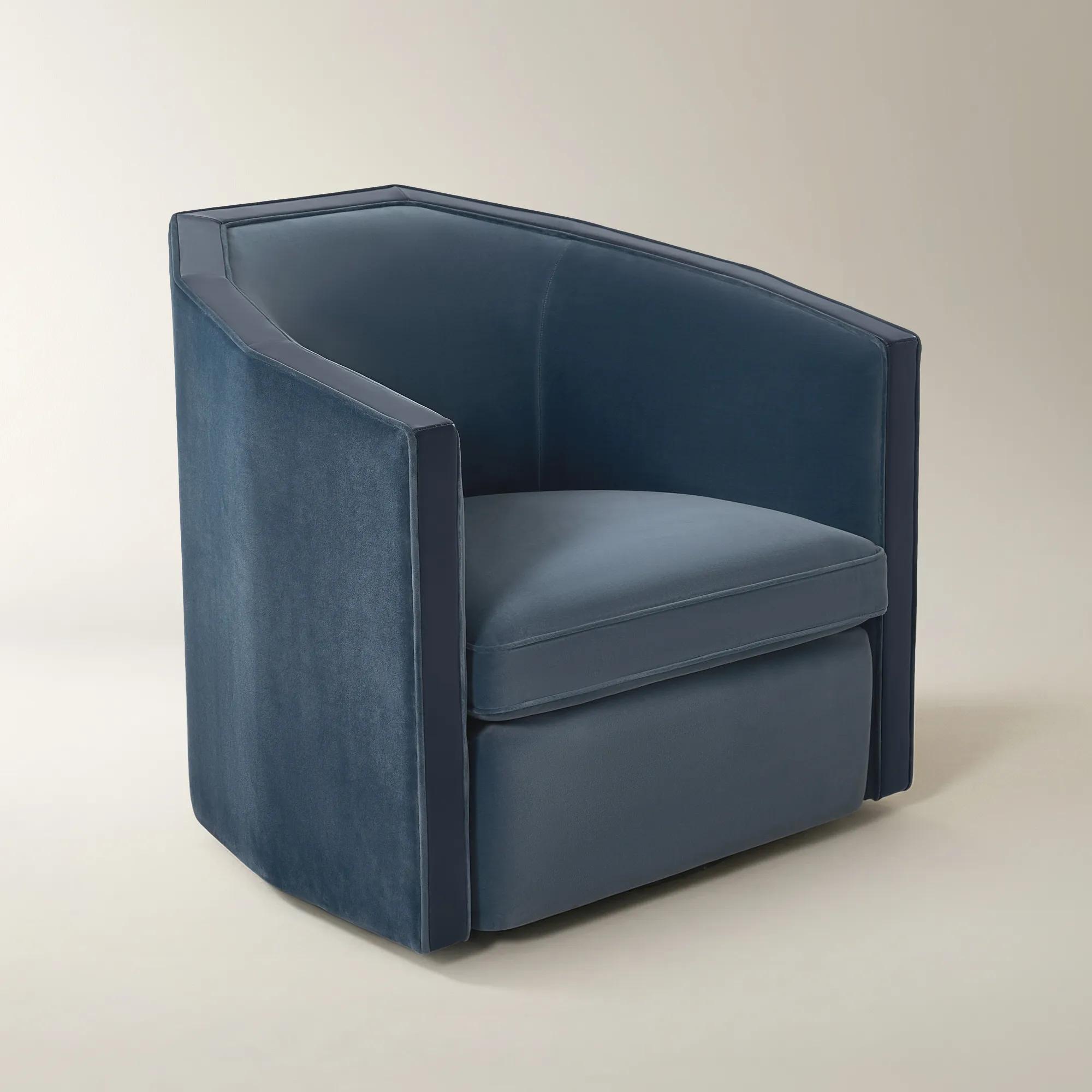 Vesper Dusty Blue Velvet With Leather Swivel Accent Chair