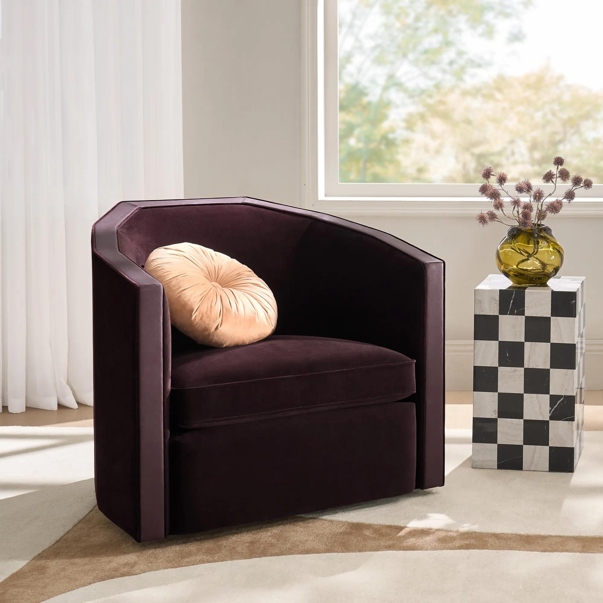 Vesper Fig Velvet With Leather Swivel Accent Chair