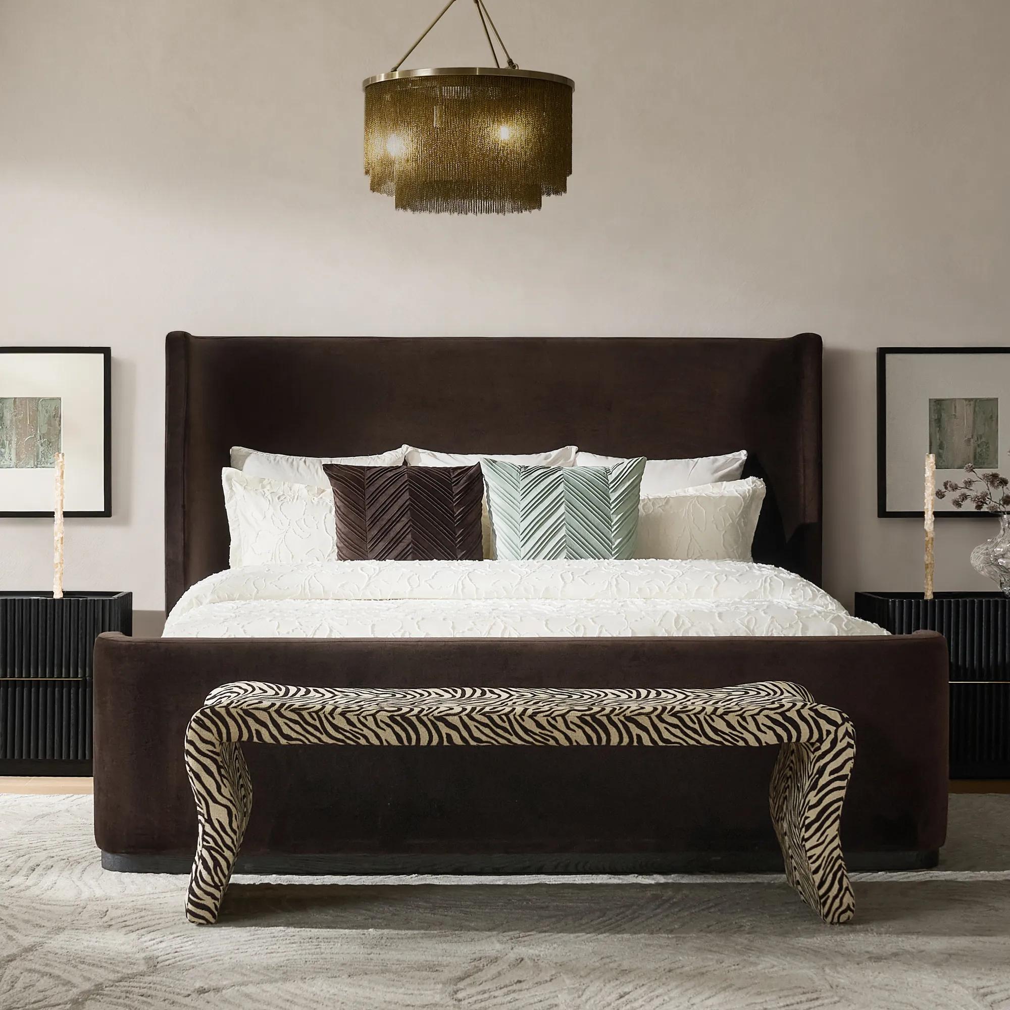 Stria Dark Chocolate Velvet Upholstered Platform Bed