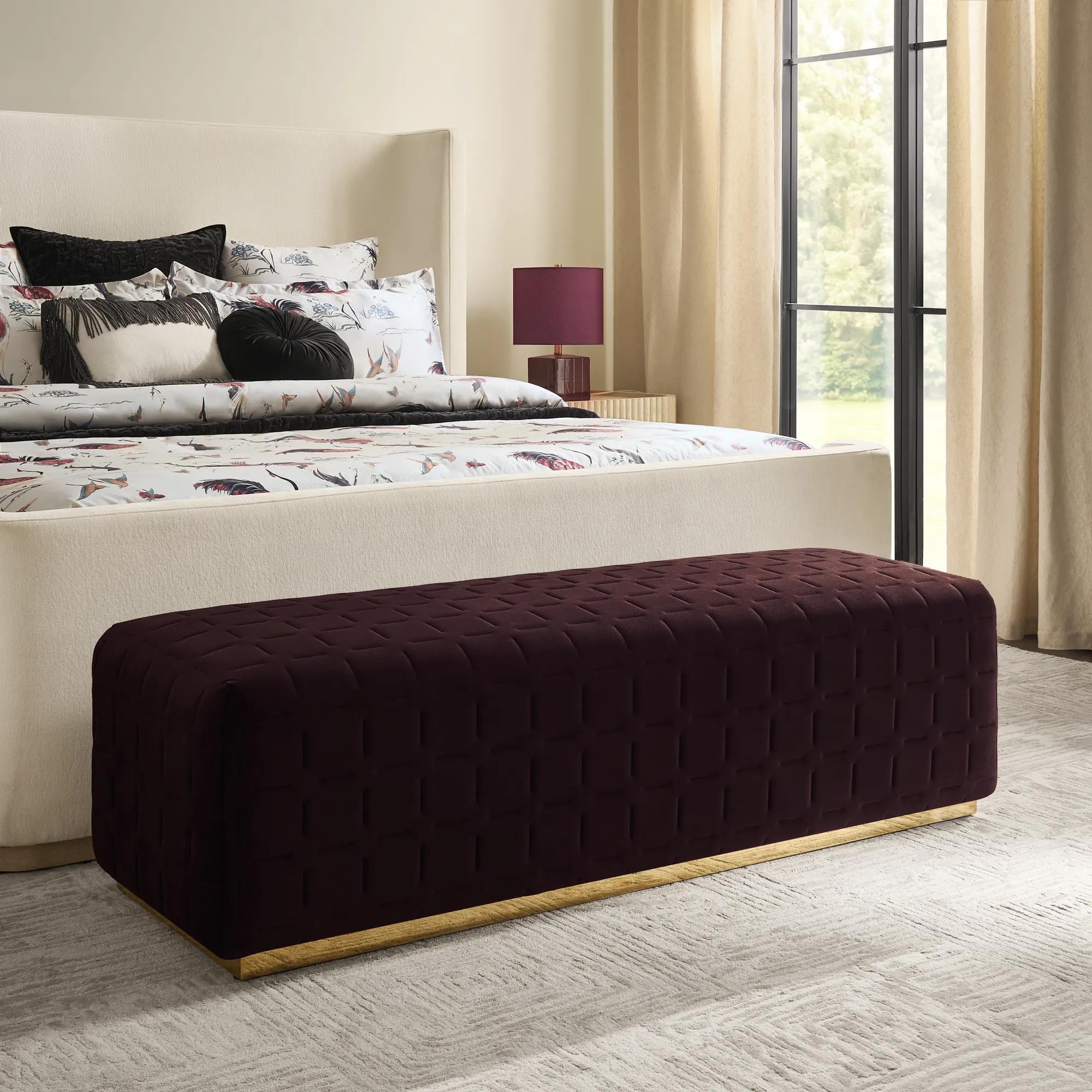 Vanta Quilted Fig Velvet Bench (64.75")