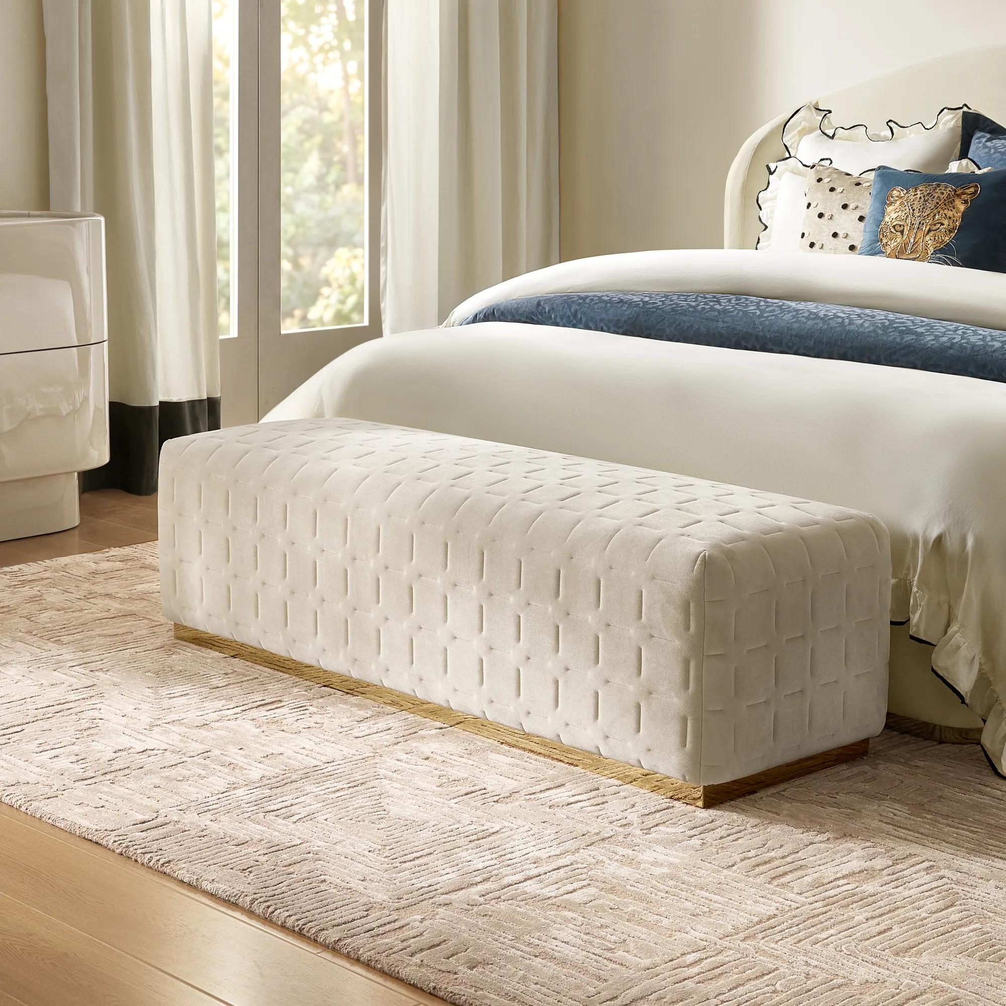 Vanta Quilted Oatmeal Velvet Bench (64.6")