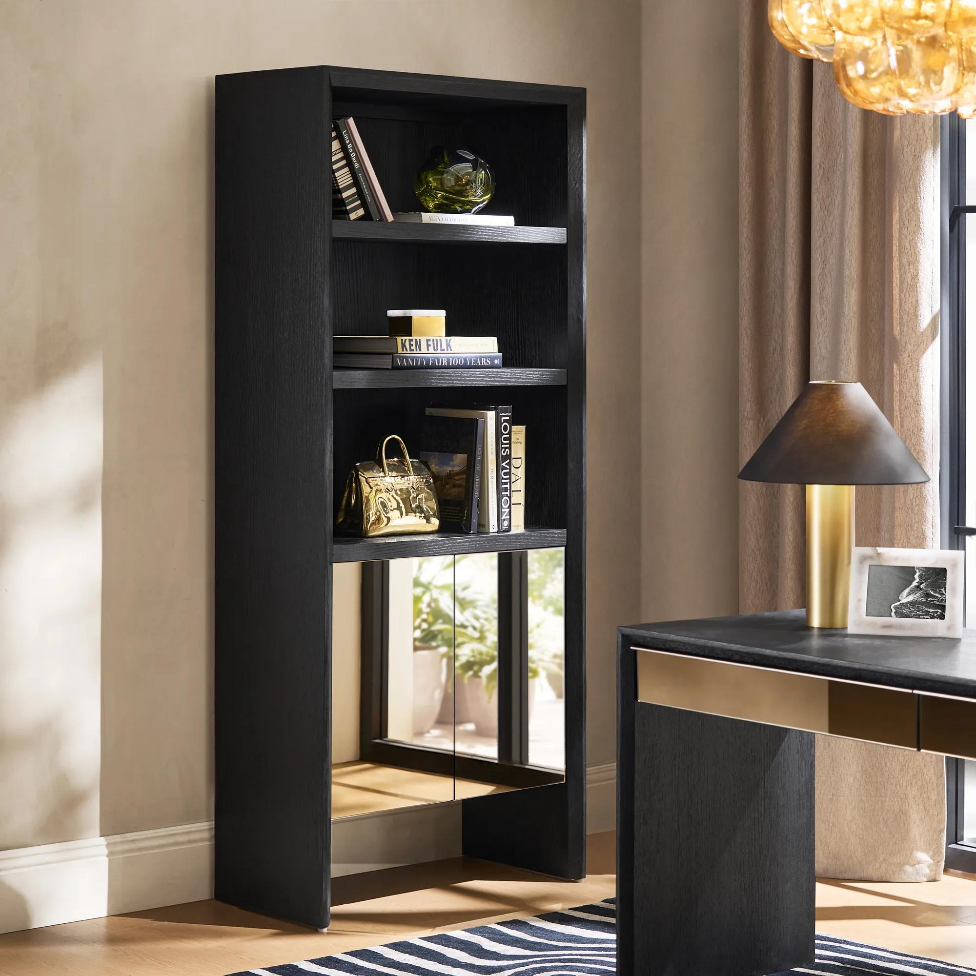 Glimmer Black Oak Bookcase With Mirrored Door (80")
