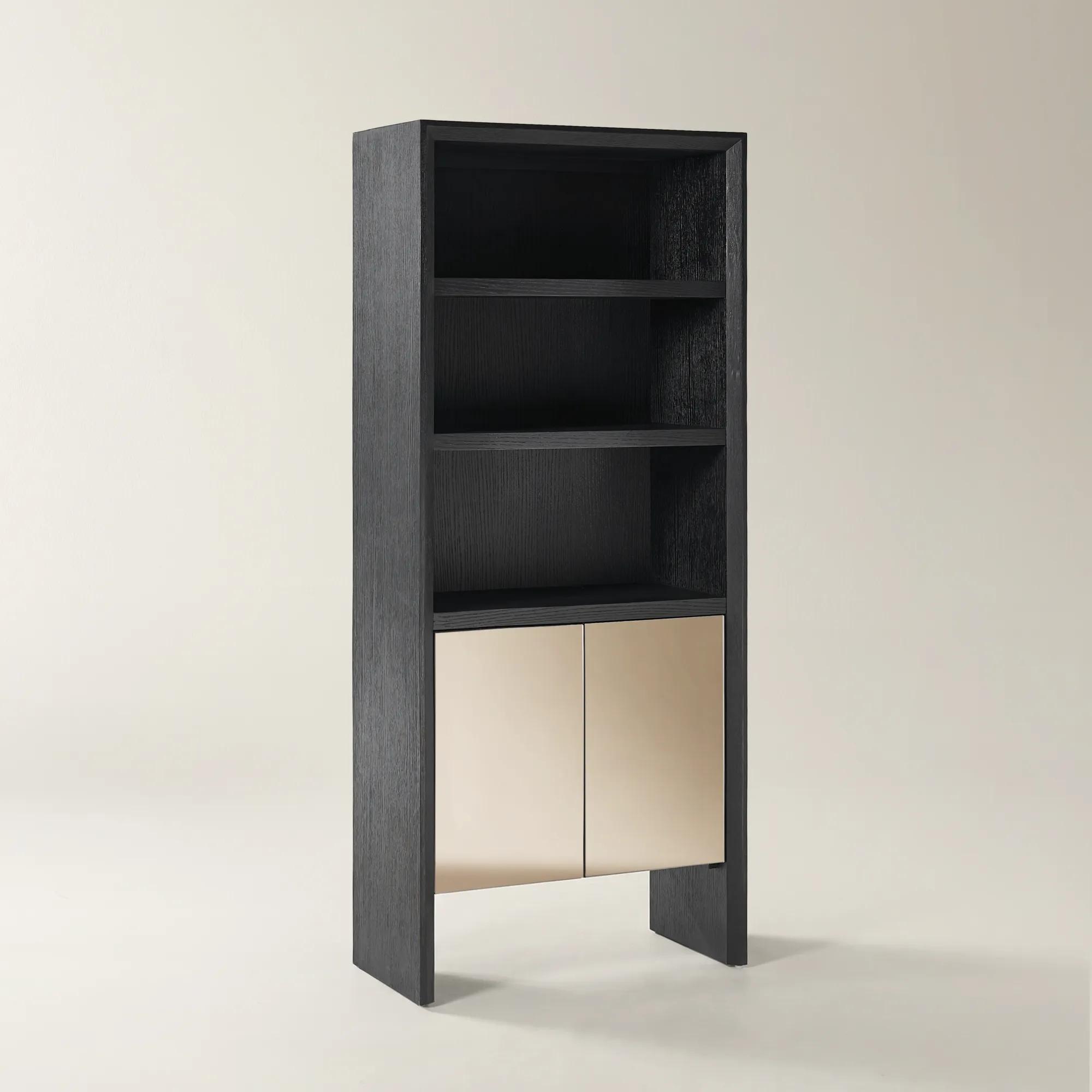 Glimmer Black Oak Bookcase With Mirrored Door (80")