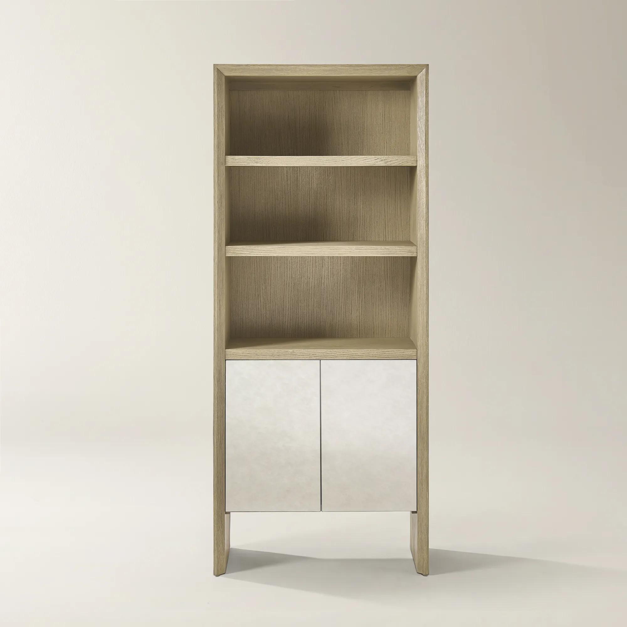 Glimmer Sea Drift Oak Bookcase With Mirrored Door (80")