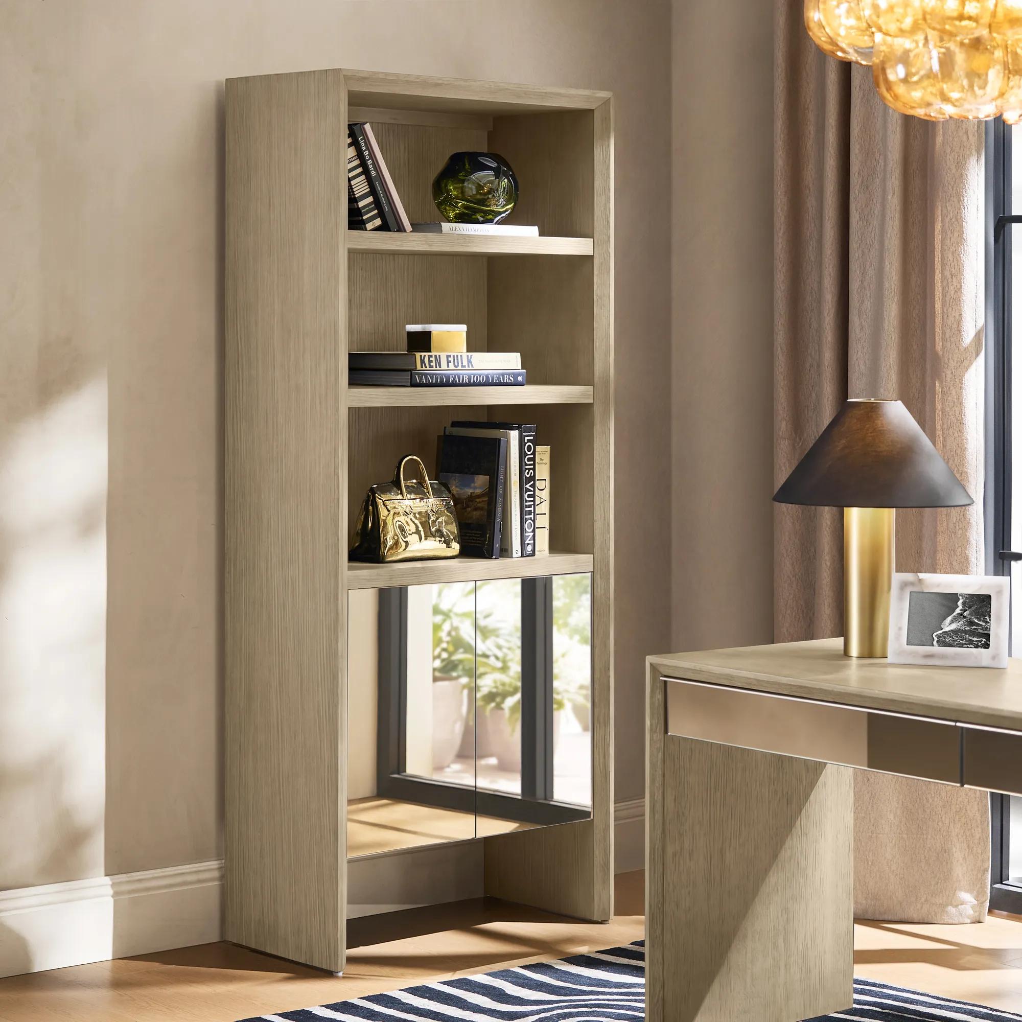 Glimmer Sea Drift Oak Bookcase With Mirrored Door (80")