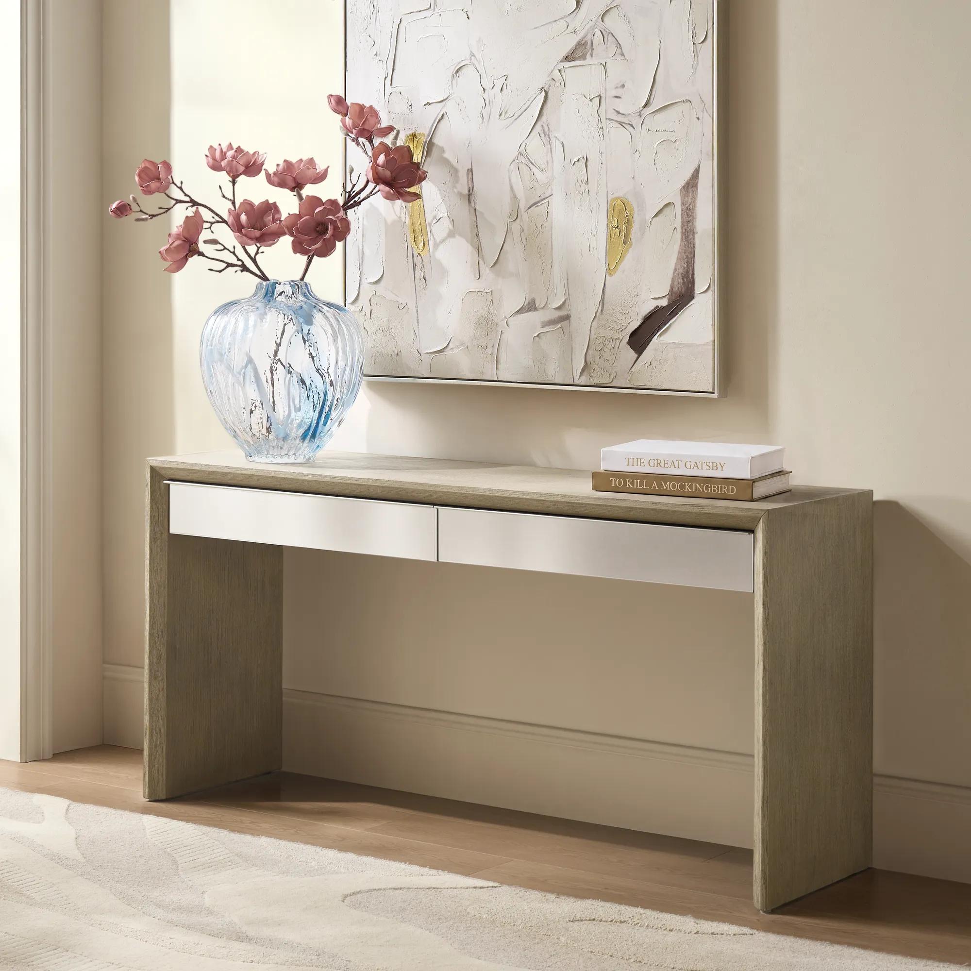 Glimmer Mirrored 2-Drawer Sea Drift Oak Console Table (62")