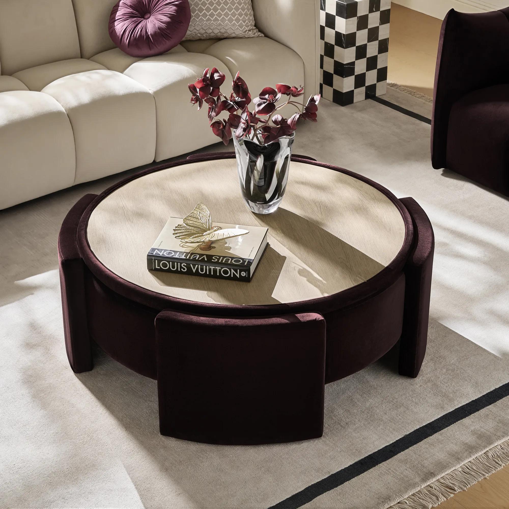 Jora Round Fig Velvet Storage Coffee Table With Reversible Tabletop (47.25")