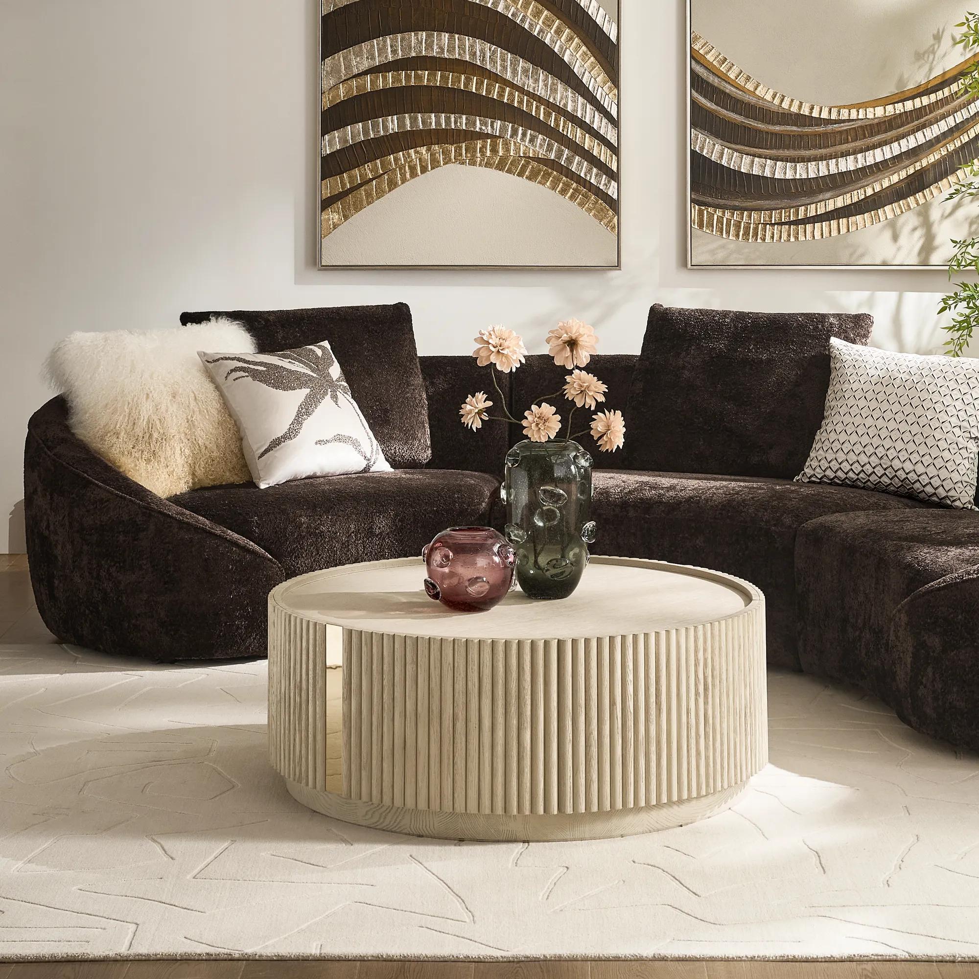 Stria Round Reeded White Oak Coffee Table with Drawer (42.3")