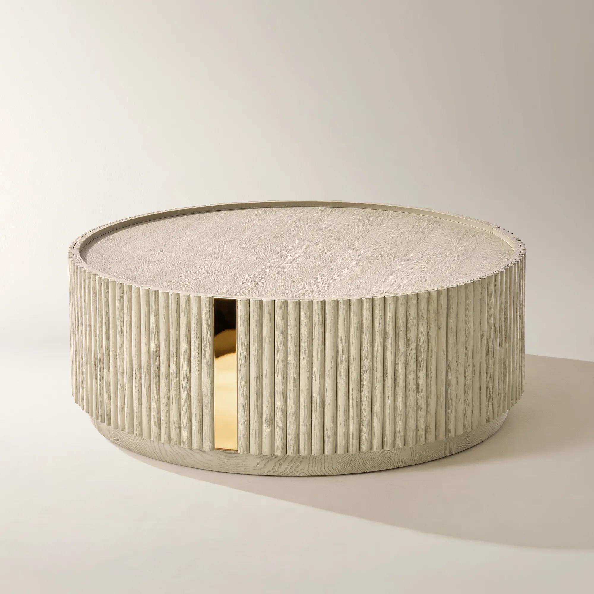 Stria Round Reeded White Oak Coffee Table with Drawer (42.3")