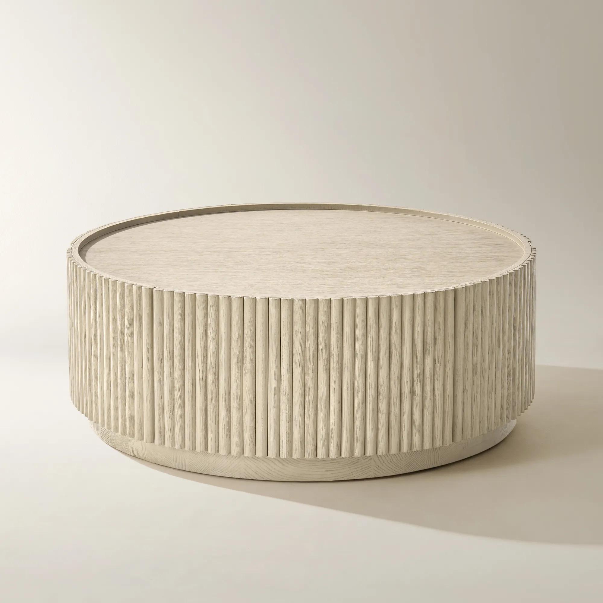 Stria Round Reeded White Oak Coffee Table with Drawer (42.3")