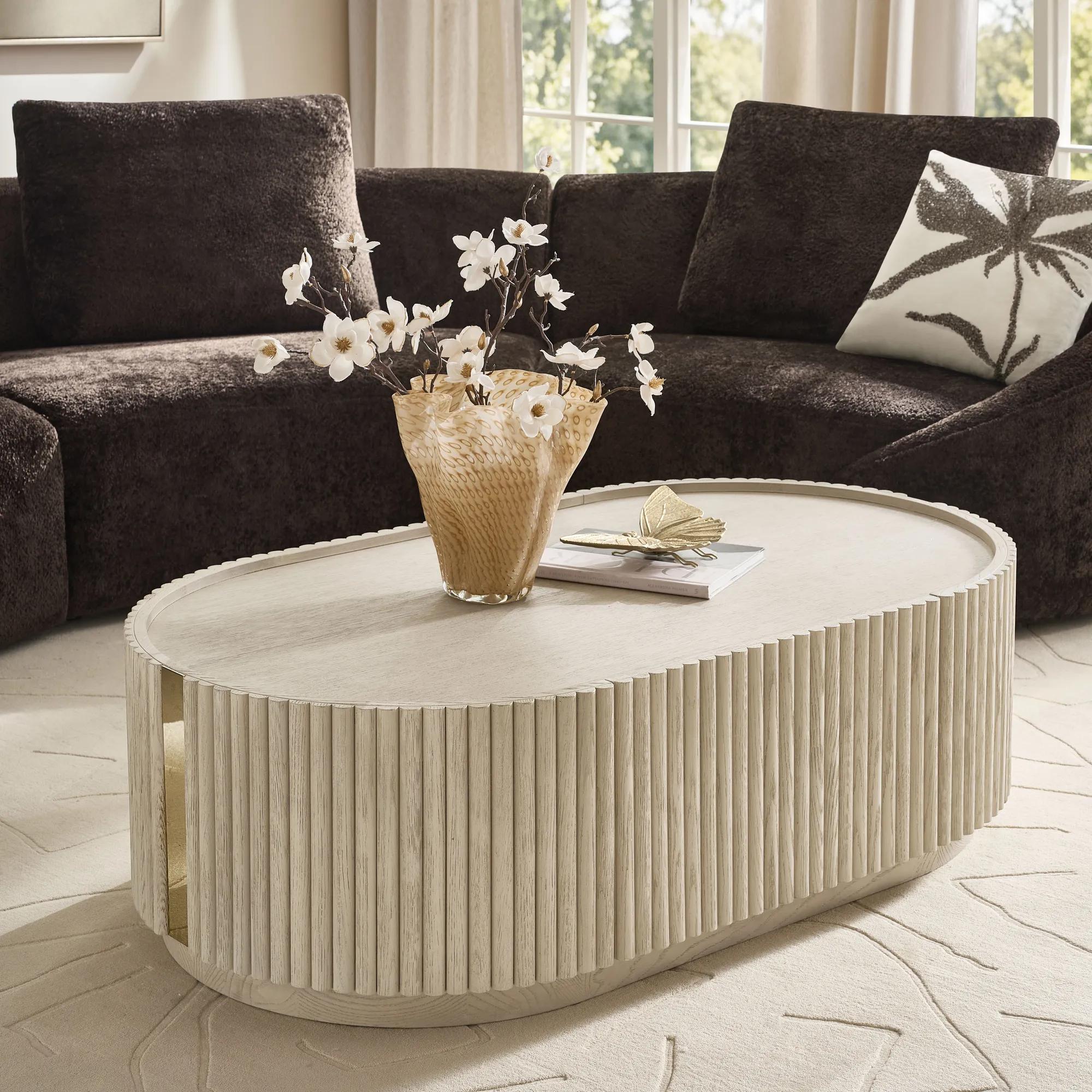 Stria Oval Reeded White Oak Coffee Table with Drawer (52")