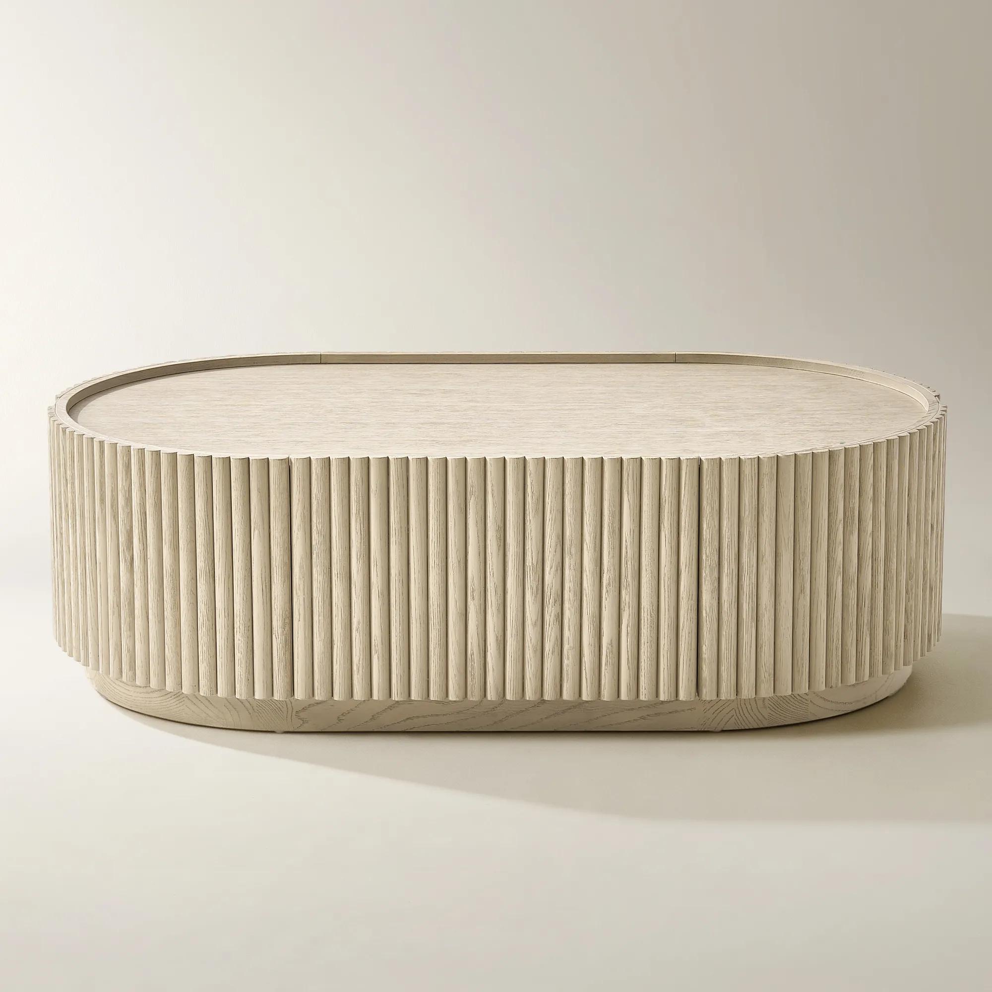 Stria Oval Reeded White Oak Coffee Table with Drawer (52")